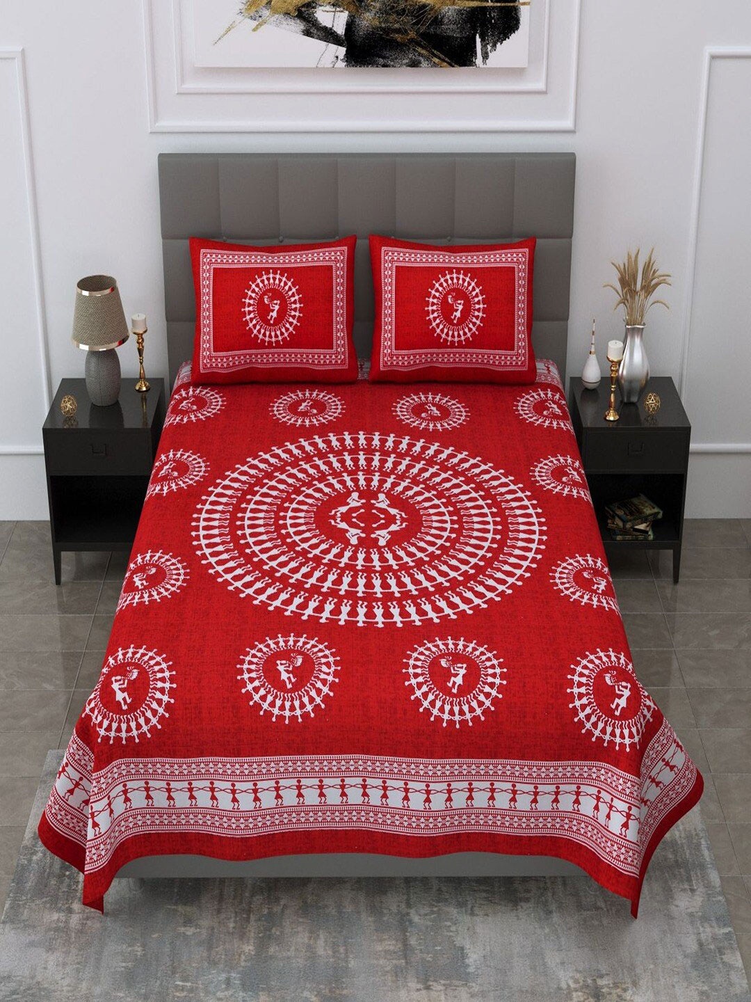 

UNIQCHOICE Red & White Ethnic Motifs Cotton 120 TC Queen Bedsheet with 2 Pillow Covers
