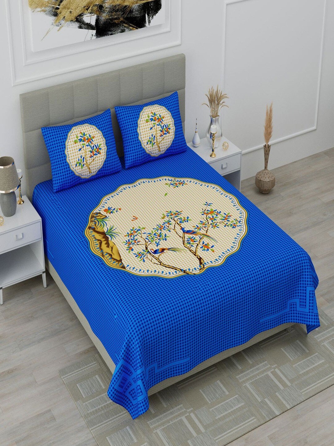 

UNIQCHOICE Blue & Yellow Ethnic Motifs Cotton 120 TC Queen Bedsheet with 2 Pillow Covers