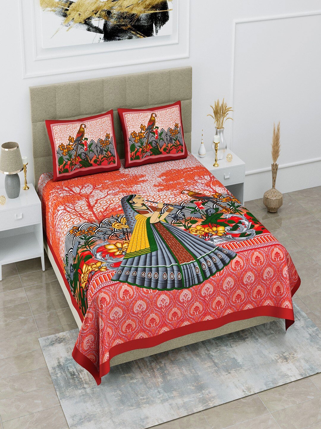 

UNIQCHOICE Red & Green Ethnic Motifs Cotton 120 TC Queen Bedsheet with 2 Pillow Covers