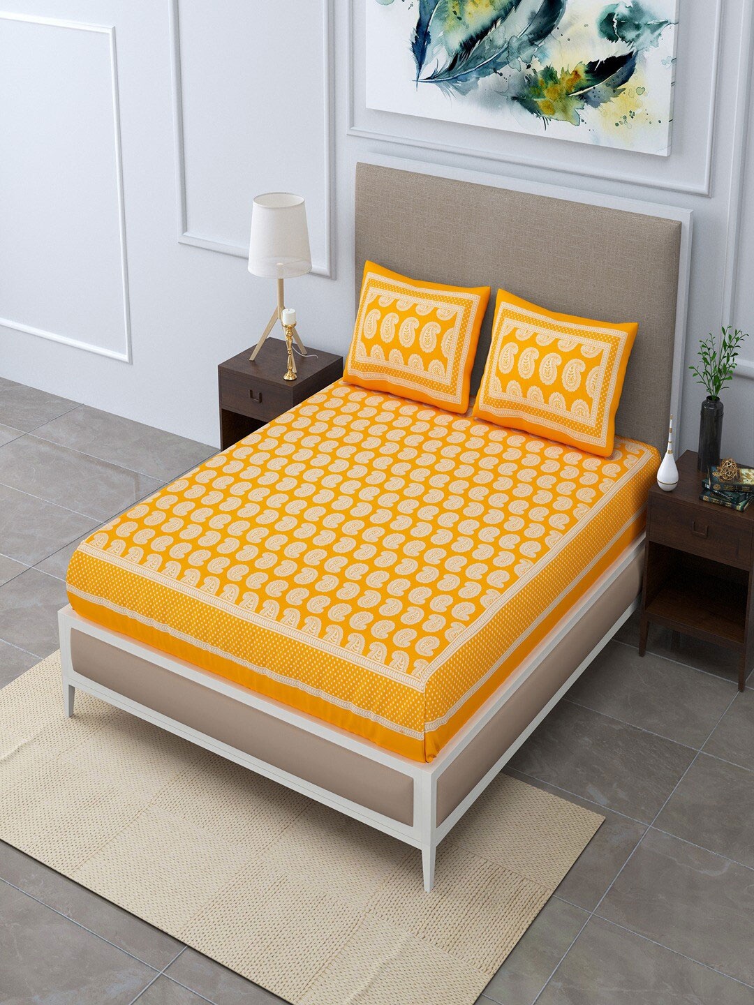 

UNIQCHOICE Yellow & White Ethnic Motifs Cotton 120 TC Queen Bedsheet with 2 Pillow Covers