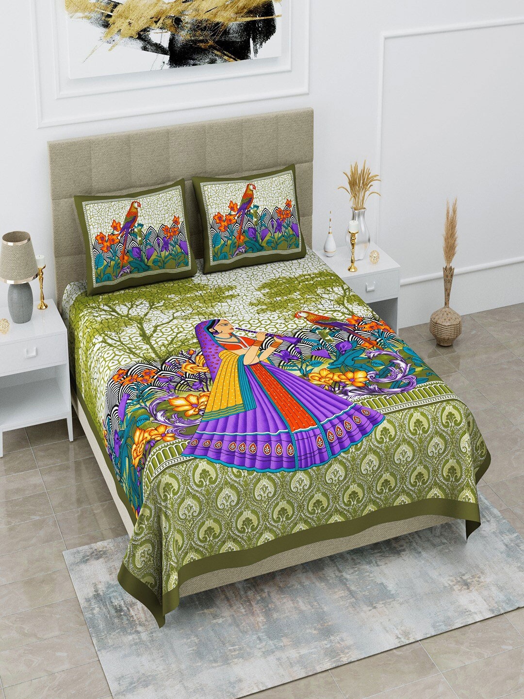 

UNIQCHOICE Green & Purple Ethnic Motifs Cotton 120 TC Queen Bedsheet with 2 Pillow Covers