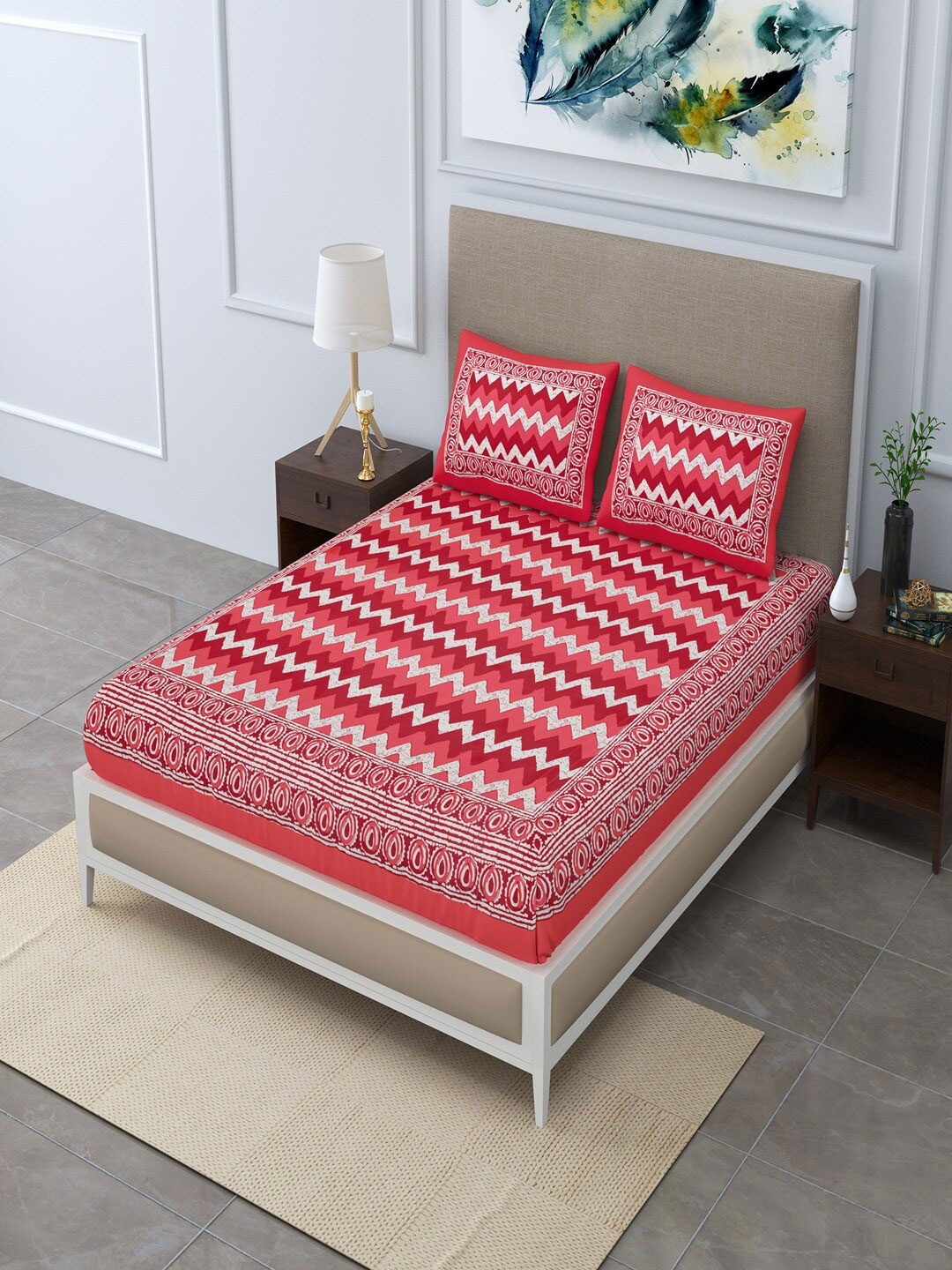

UNIQCHOICE Red & White Geometric Pure Cotton 120 TC Queen Bedsheet with 2 Pillow Covers