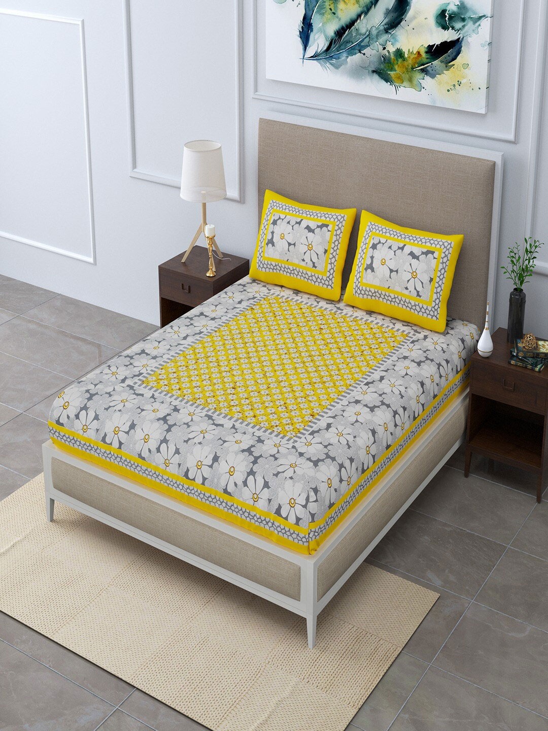 

UNIQCHOICE Yellow & Grey Floral Pure Cotton 120 TC Queen Bedsheet With 2 Pillow Covers