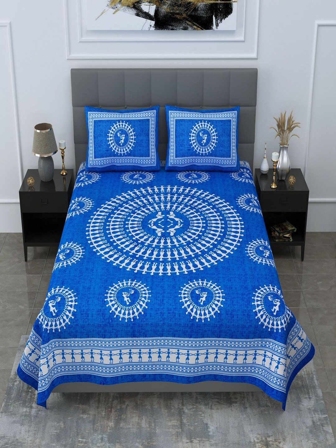 

UNIQCHOICE Blue & White Ethnic Motifs Pure Cotton 120 TC Queen Bedsheet & 2 Pillow Covers