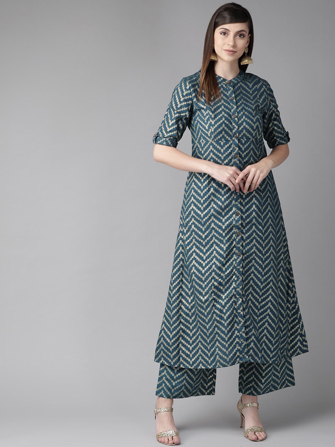 

AKS Chevron Printed A-line Kurta, Teal