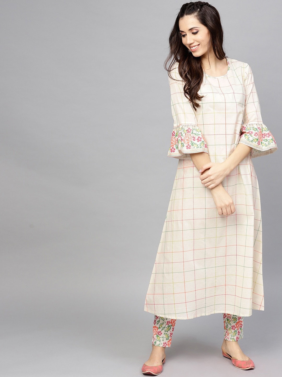 

AKS Women Off White Checked Flared Sleeves Mirror Work Kurta