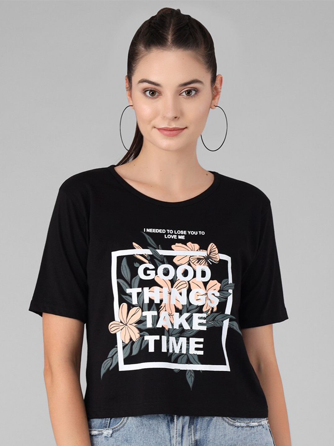 

Viral trend Typography Printed Pure Cotton T-shirt, Black