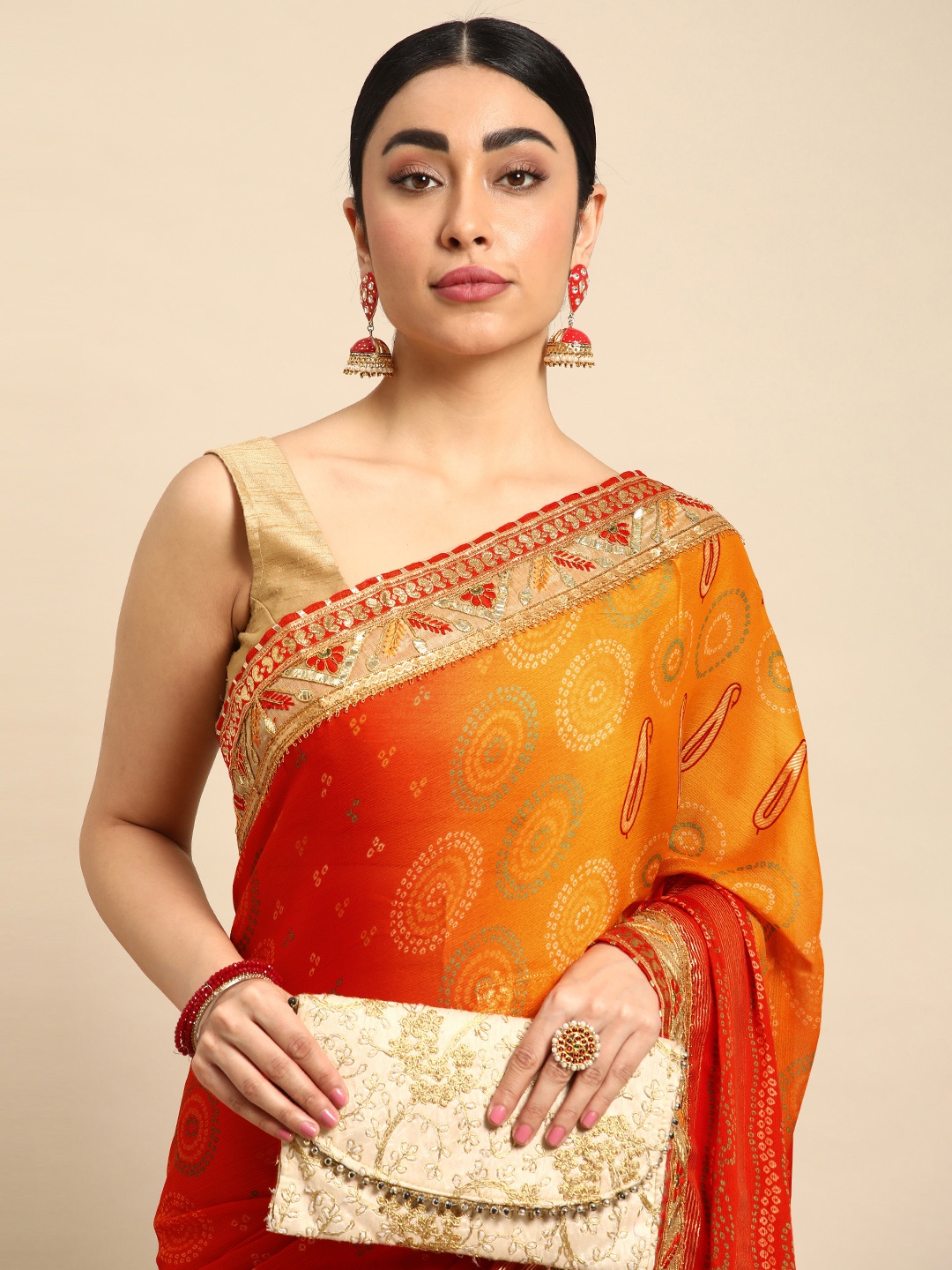 

Mitera Bandhani Gotta Patti Pure Chiffon Saree, Orange