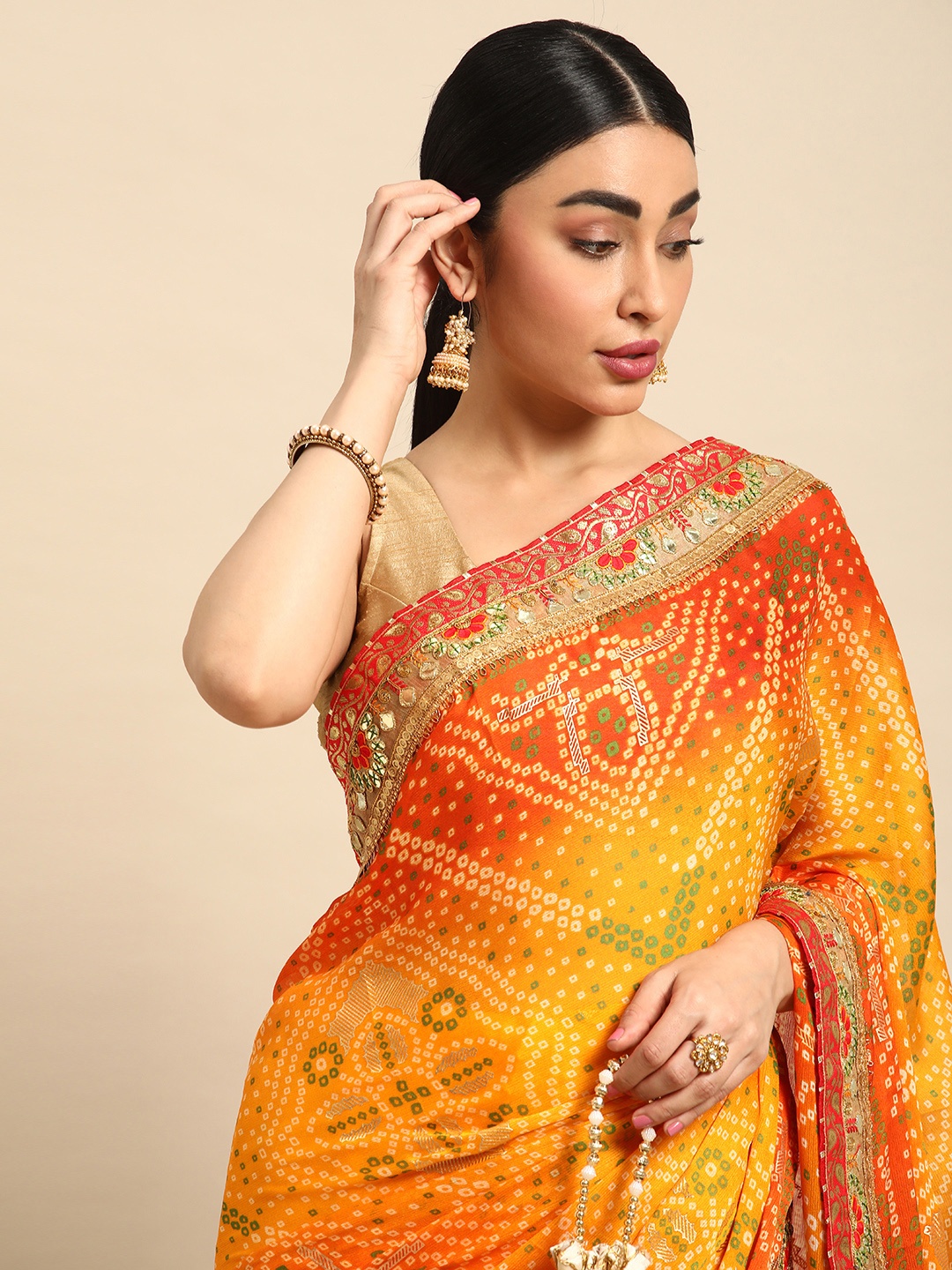 

Mitera Bandhani Gotta Patti Pure Chiffon Saree, Yellow