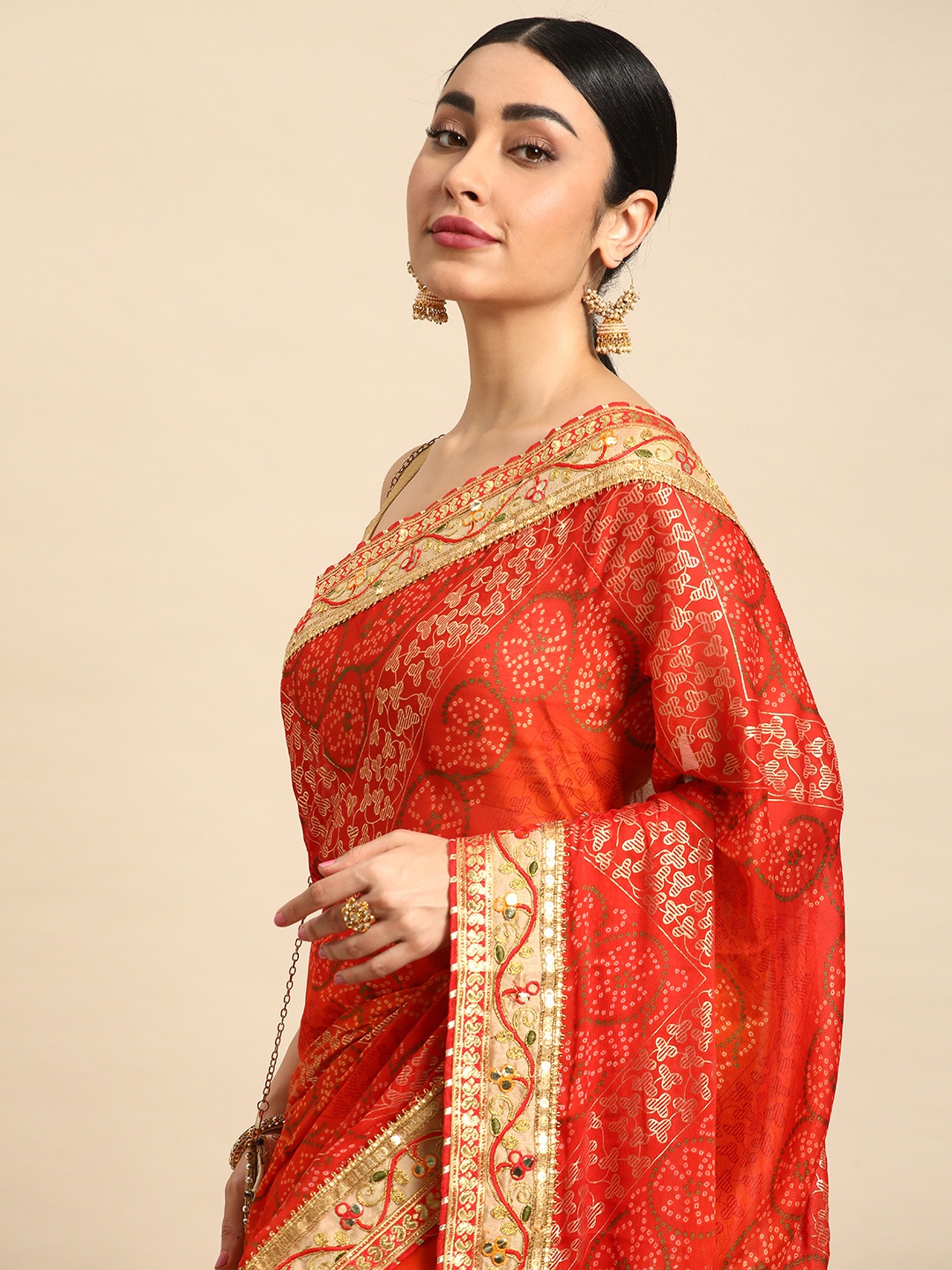 

Mitera Bandhani Gotta Patti Pure Chiffon Saree, Red