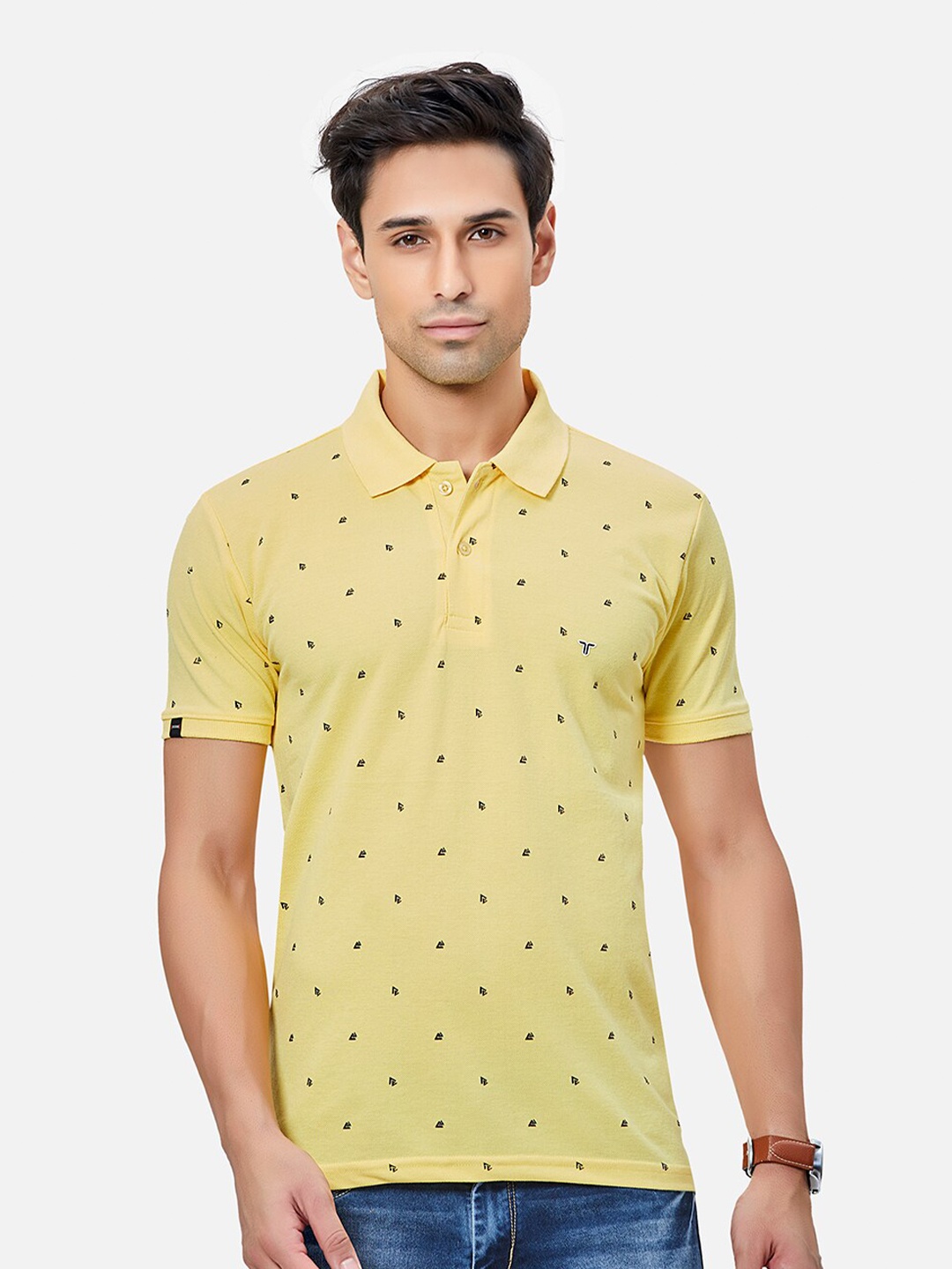 

TESSIO Micro Ditsy Printed Polo Collar Cotton T-shirt, Yellow