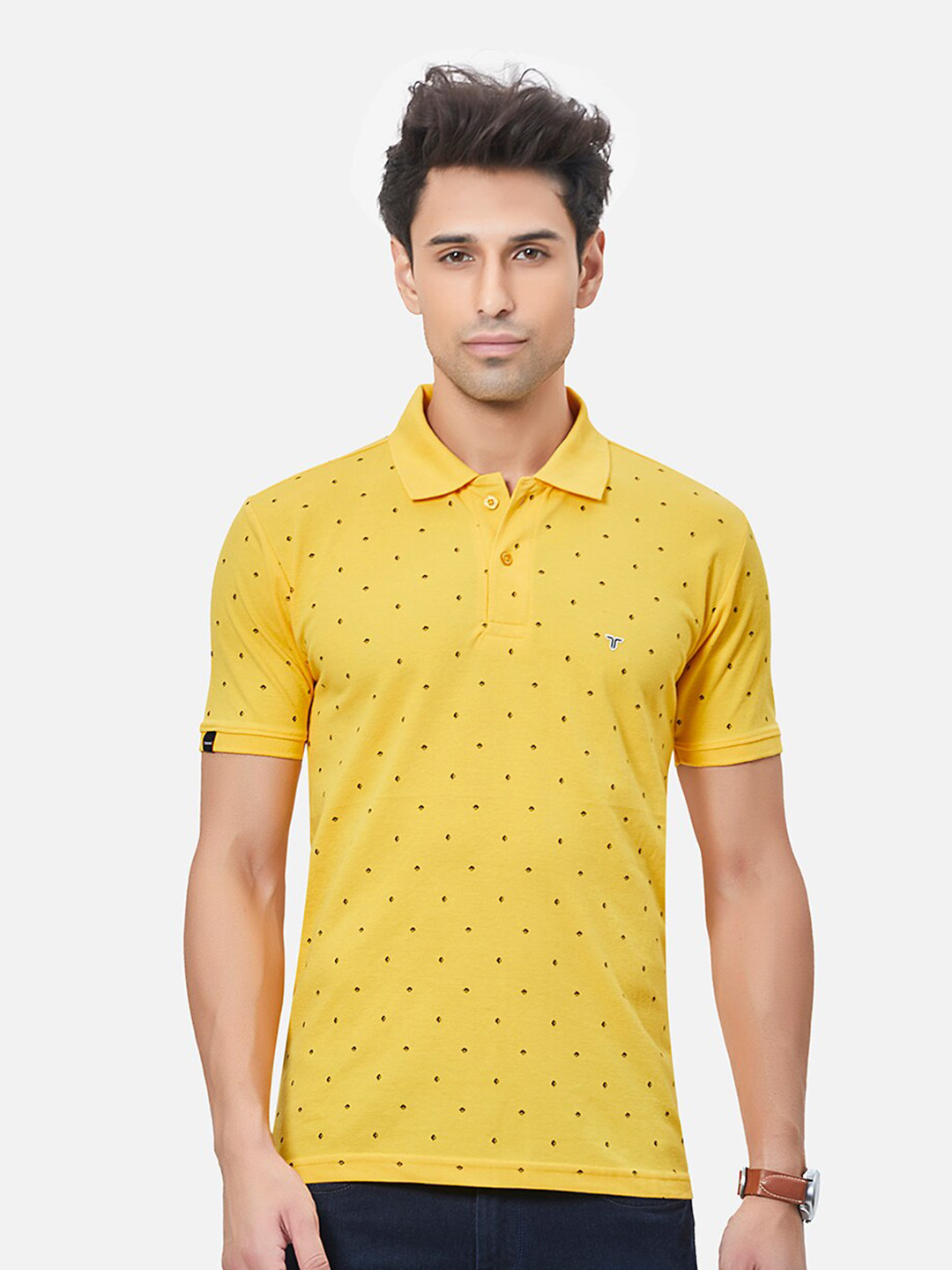 

TESSIO Micro Ditsy Printed Polo Collar Cotton T-shirt, Yellow