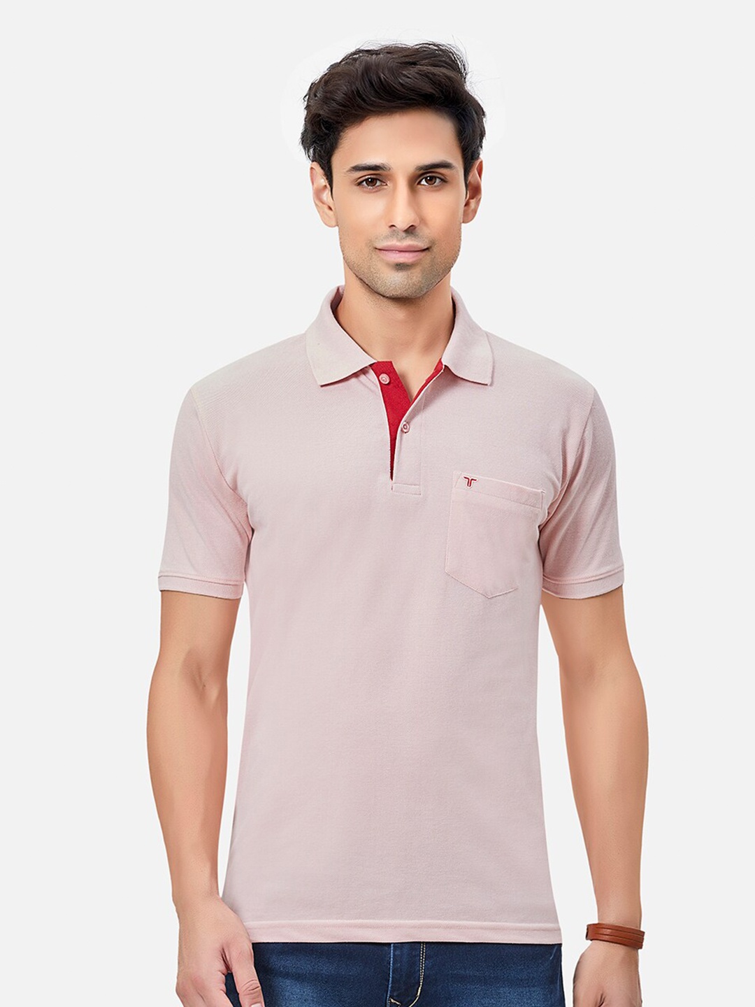 

TESSIO Polo Collar Short Sleeves Cotton T-shirt, Pink