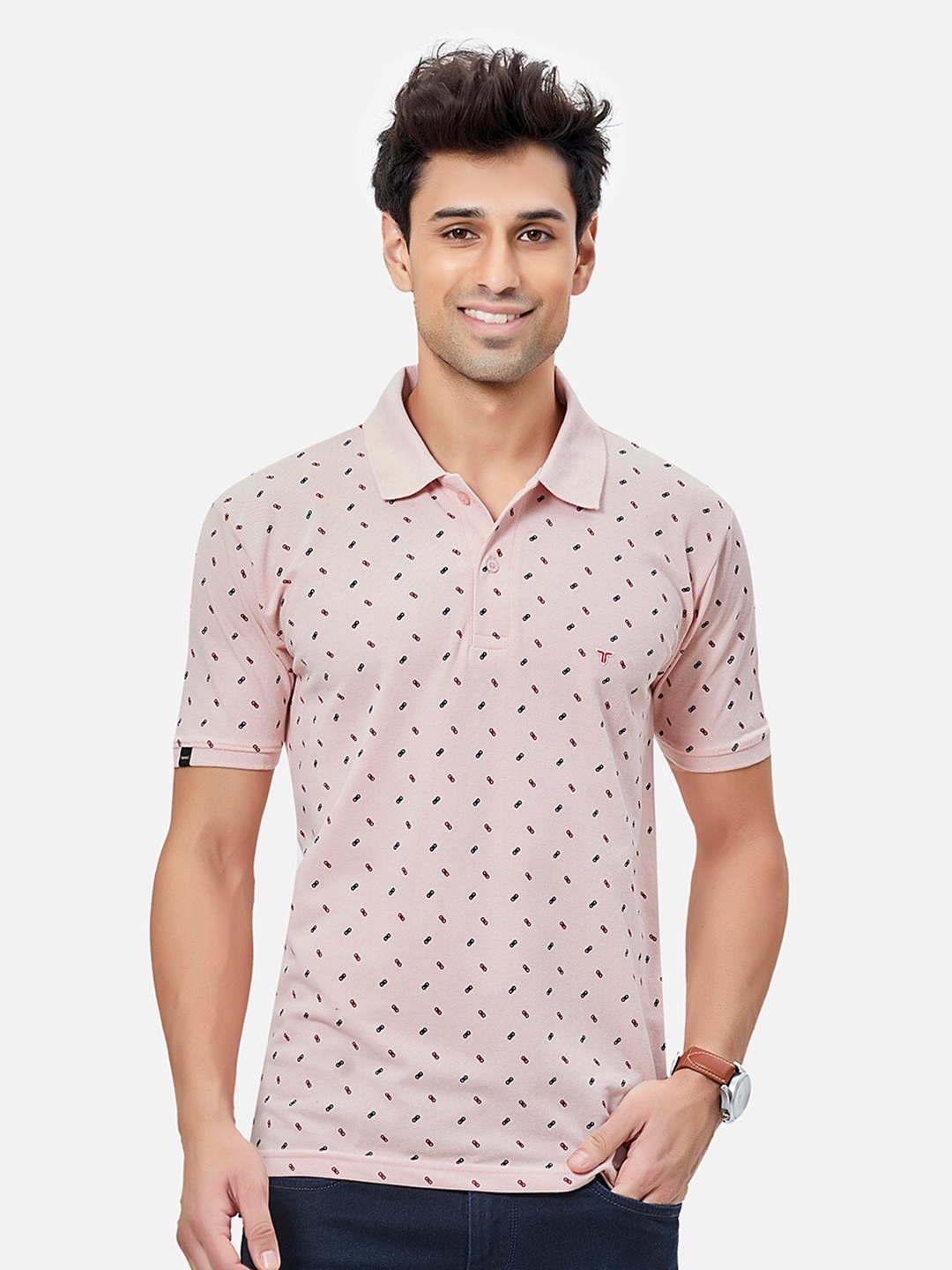 

TESSIO Micro Ditsy Printed Polo Collar Cotton T-shirt, Pink