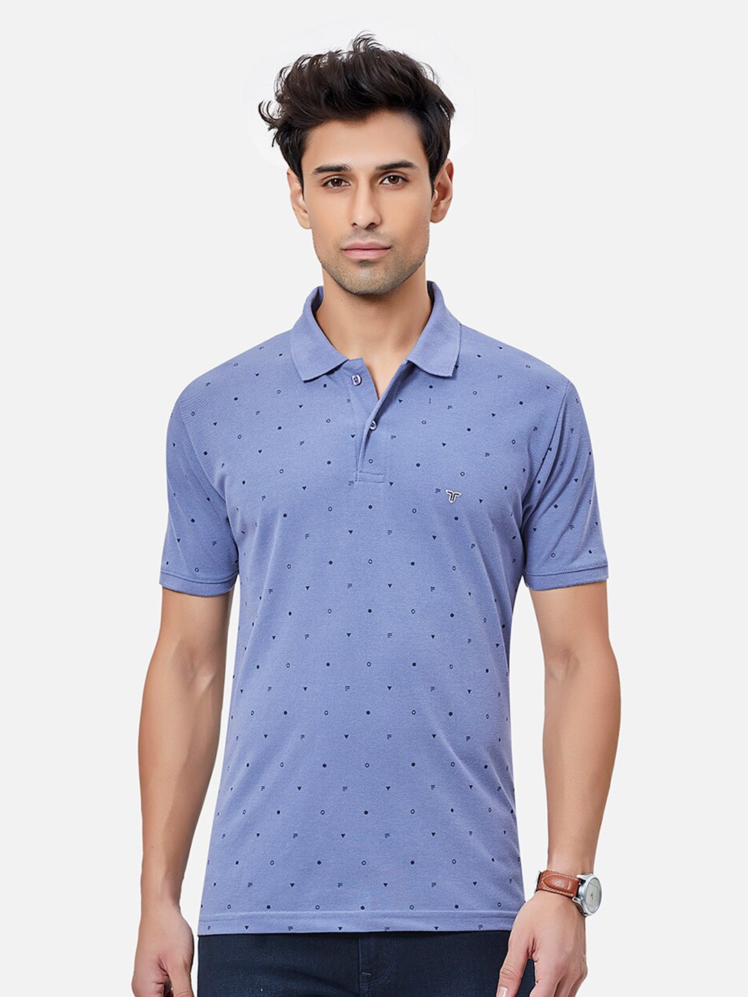 

TESSIO Micro Ditsy Printed Polo Collar Cotton T-shirt, Blue