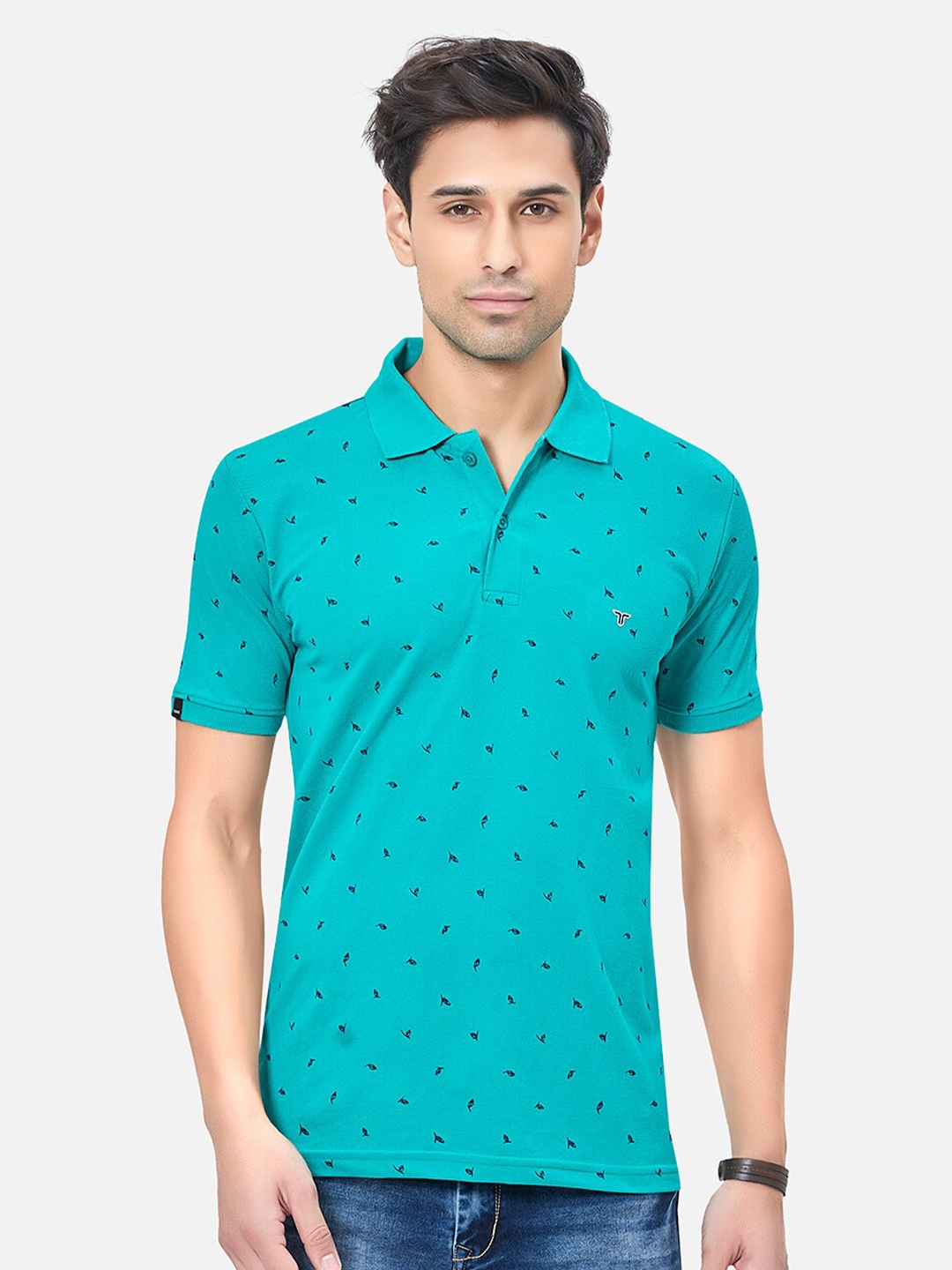 

TESSIO Micro Ditsy Printed Polo Collar Cotton T-shirt, Green