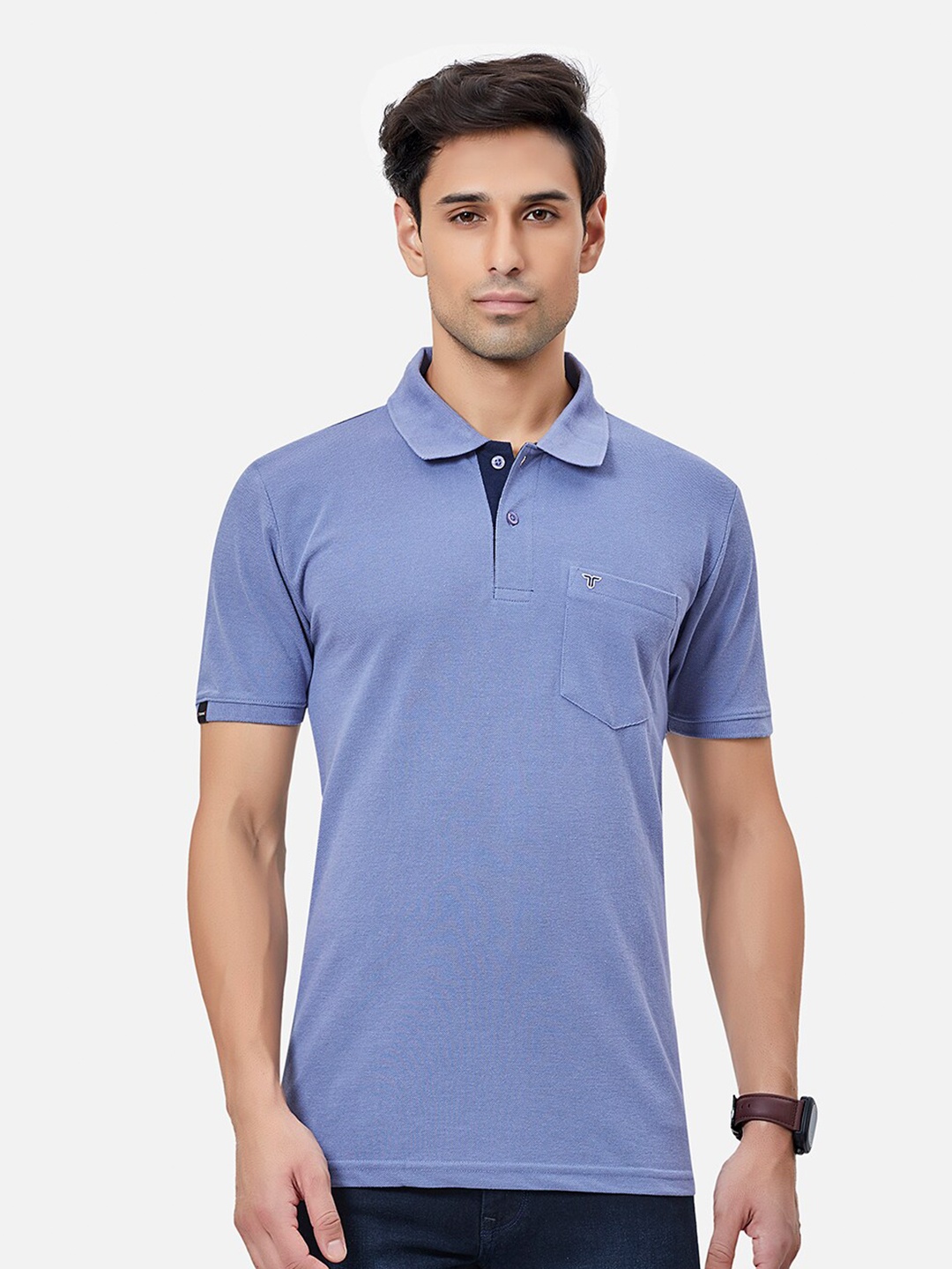 

TESSIO Polo Collar Short Sleeves Cotton T-shirt, Blue