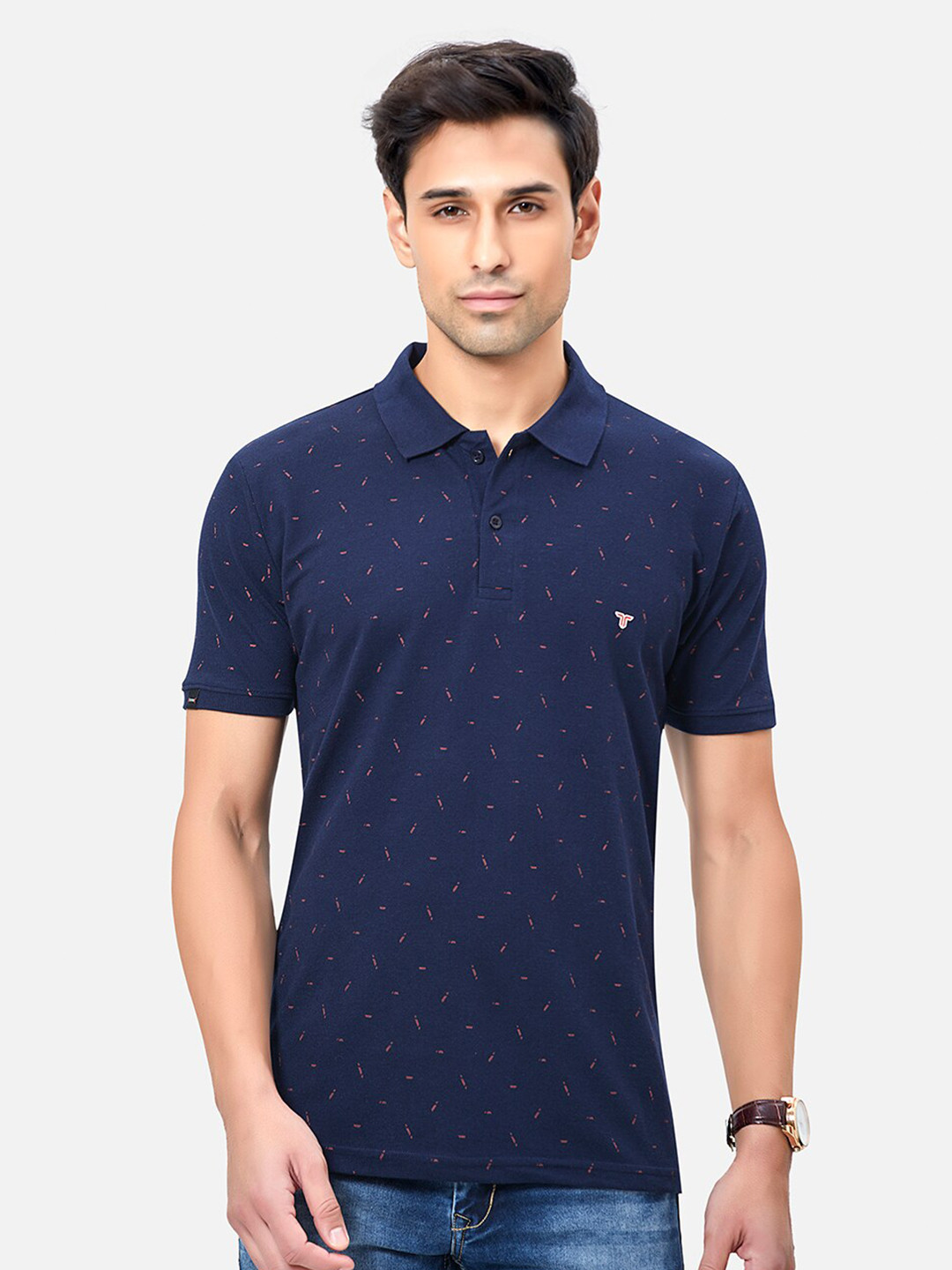 

TESSIO Micro Ditsy Printed Polo Collar Cotton T-shirt, Navy blue