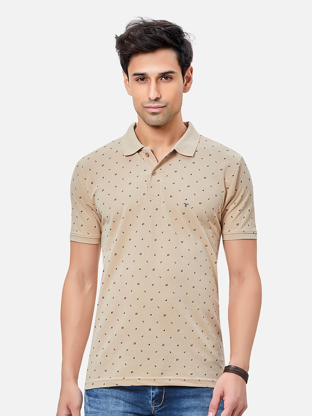 

TESSIO Micro Ditsy Printed Polo Collar Cotton T-shirt, Beige