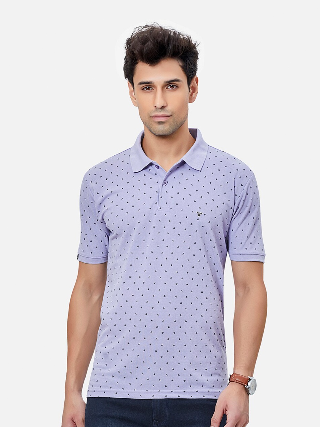 

TESSIO Micro Ditsy Printed Polo Collar Cotton T-shirt, Purple