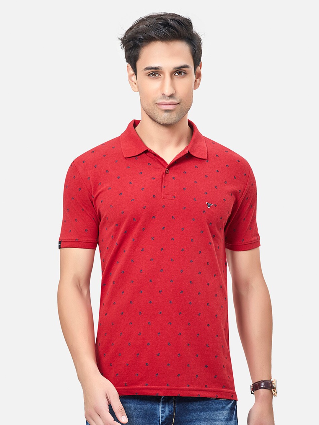 

TESSIO Micro Ditsy Printed Polo Collar Cotton T-shirt, Red