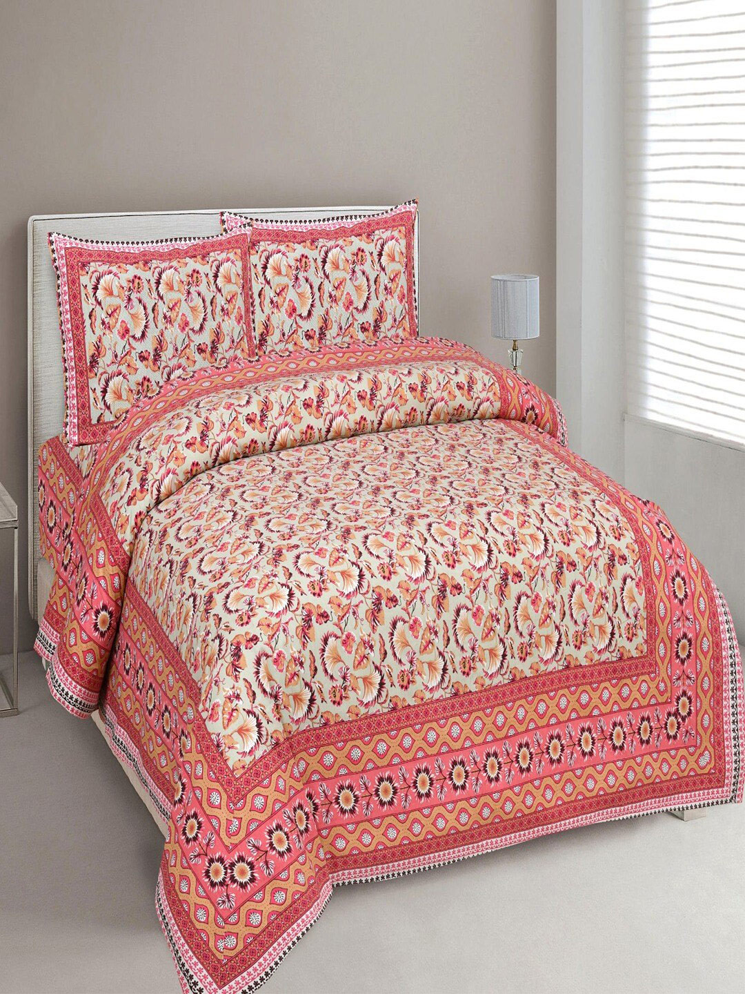 

UNIQCHOICE Peach-Coloured Floral Pure Cotton 180 TC King Bedsheet & 2 Pillow Covers