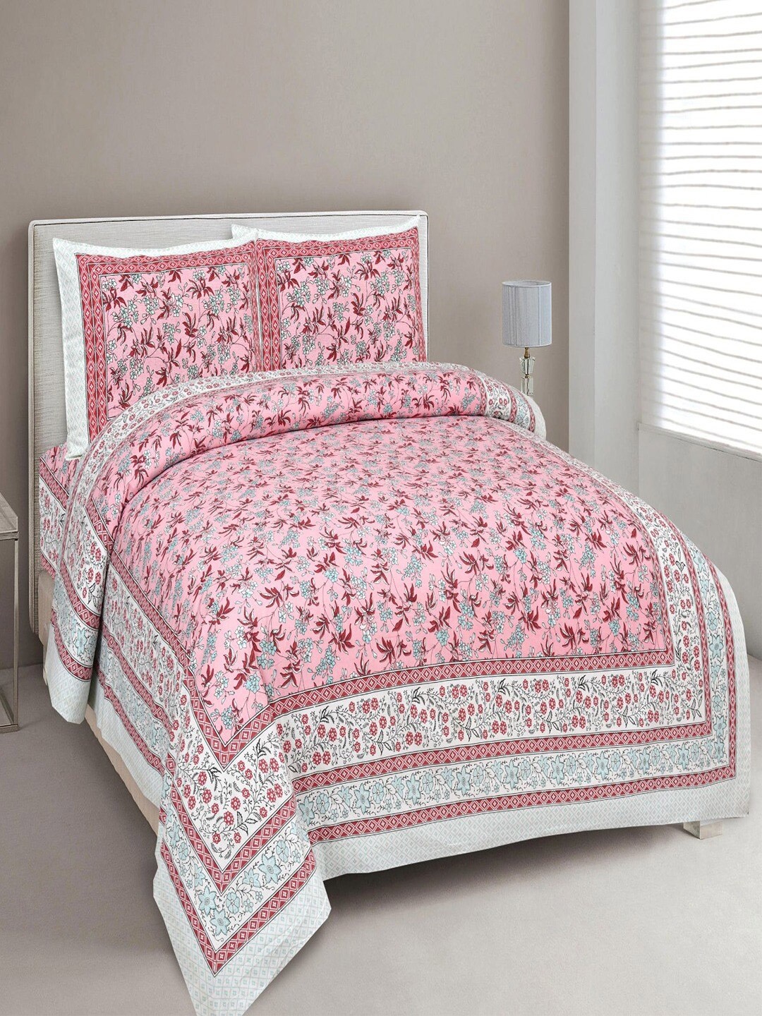 UNIQCHOICE Pink & Blue Floral Cotton 180 TC King Bedsheet with 2 Pillow Covers