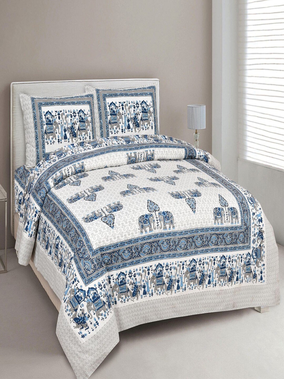 

UNIQCHOICE Blue & White Ethnic Motifs Cotton 180 TC King Bedsheet with 2 Pillow Covers