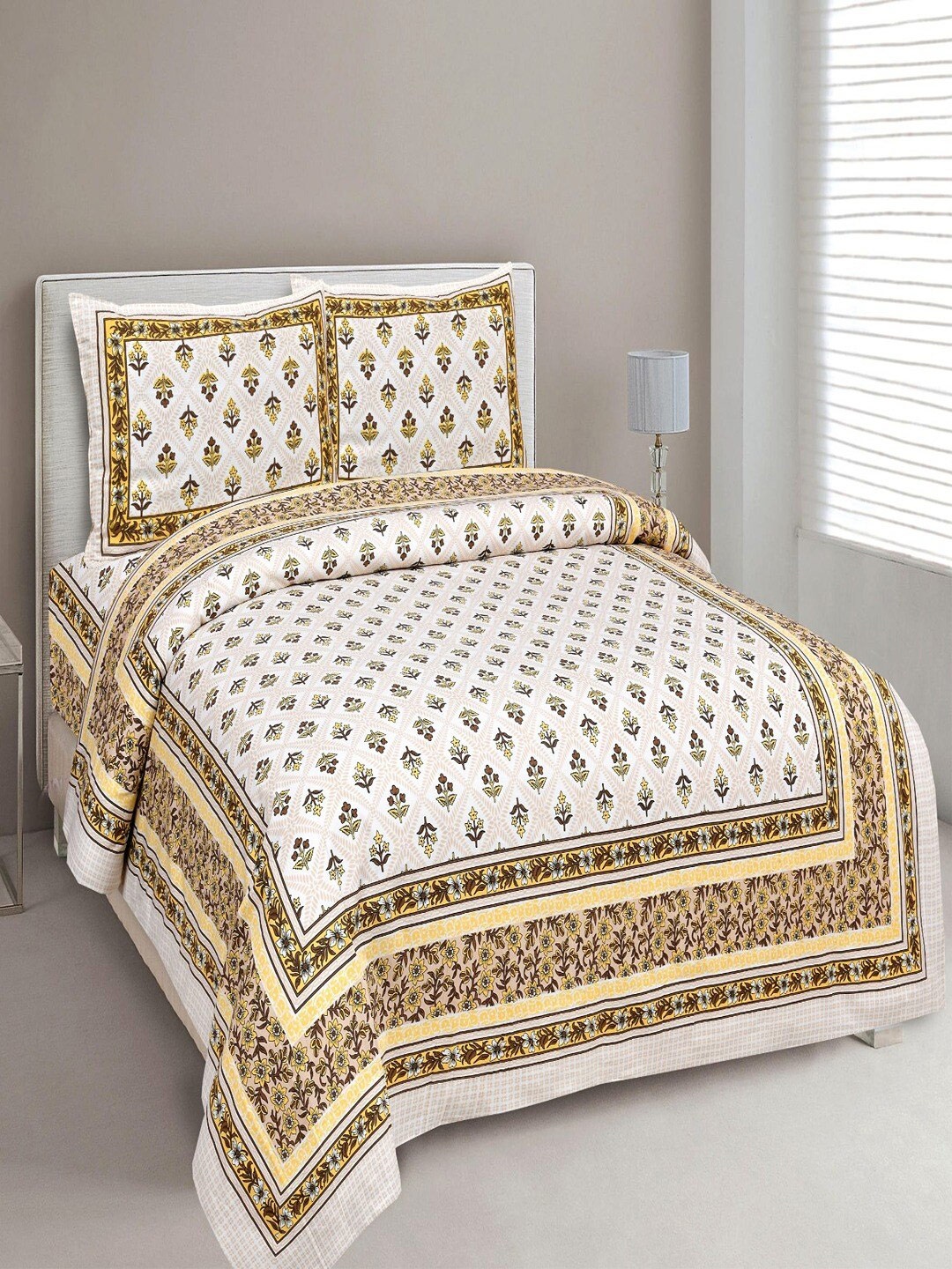 

UNIQCHOICE White & Yellow Floral Cotton 180 TC King Bedsheet with 2 Pillow Covers