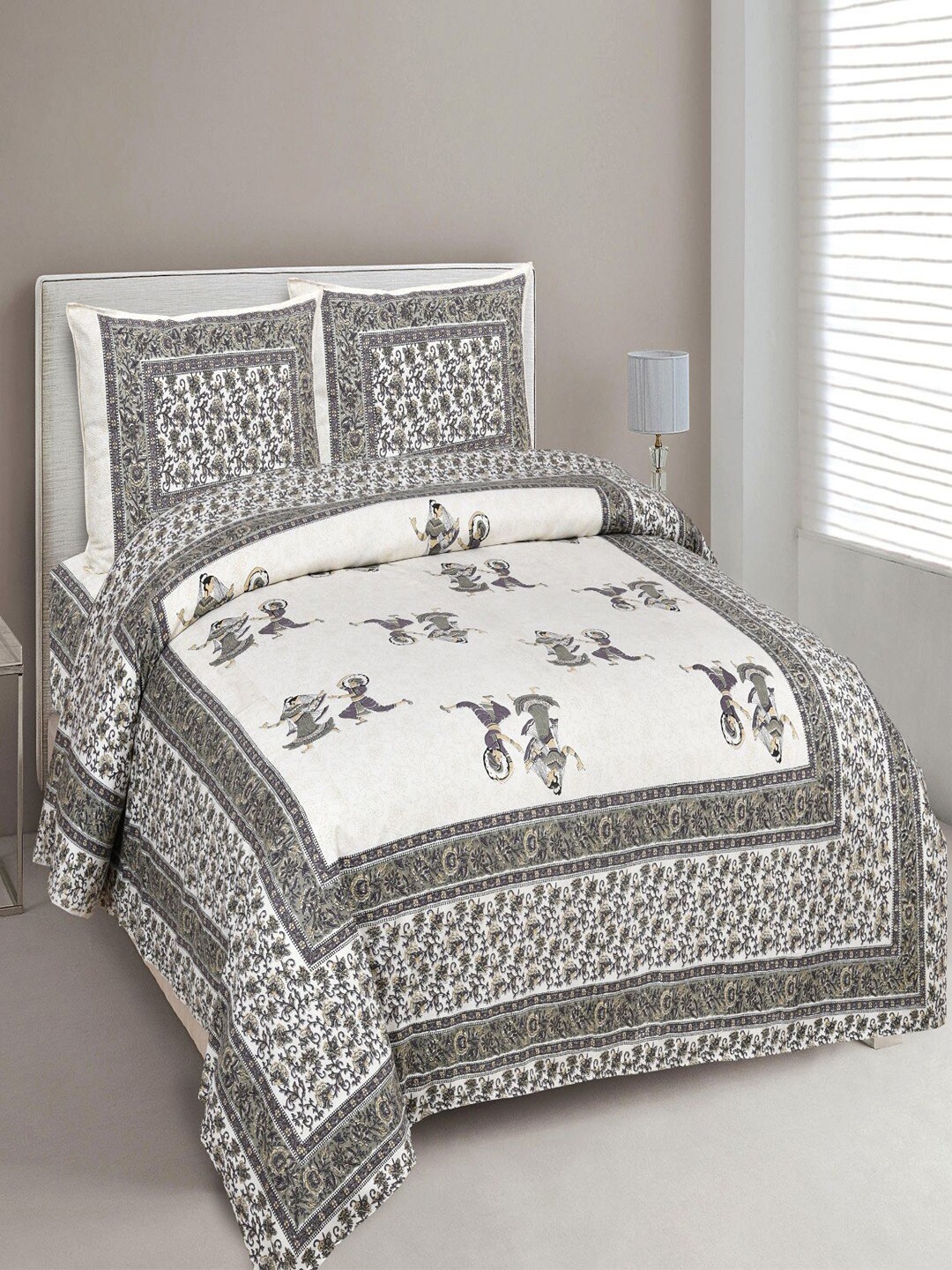 

UNIQCHOICE White & Grey Printed Cotton 180 TC King Bedsheet with 2 Pillow Covers