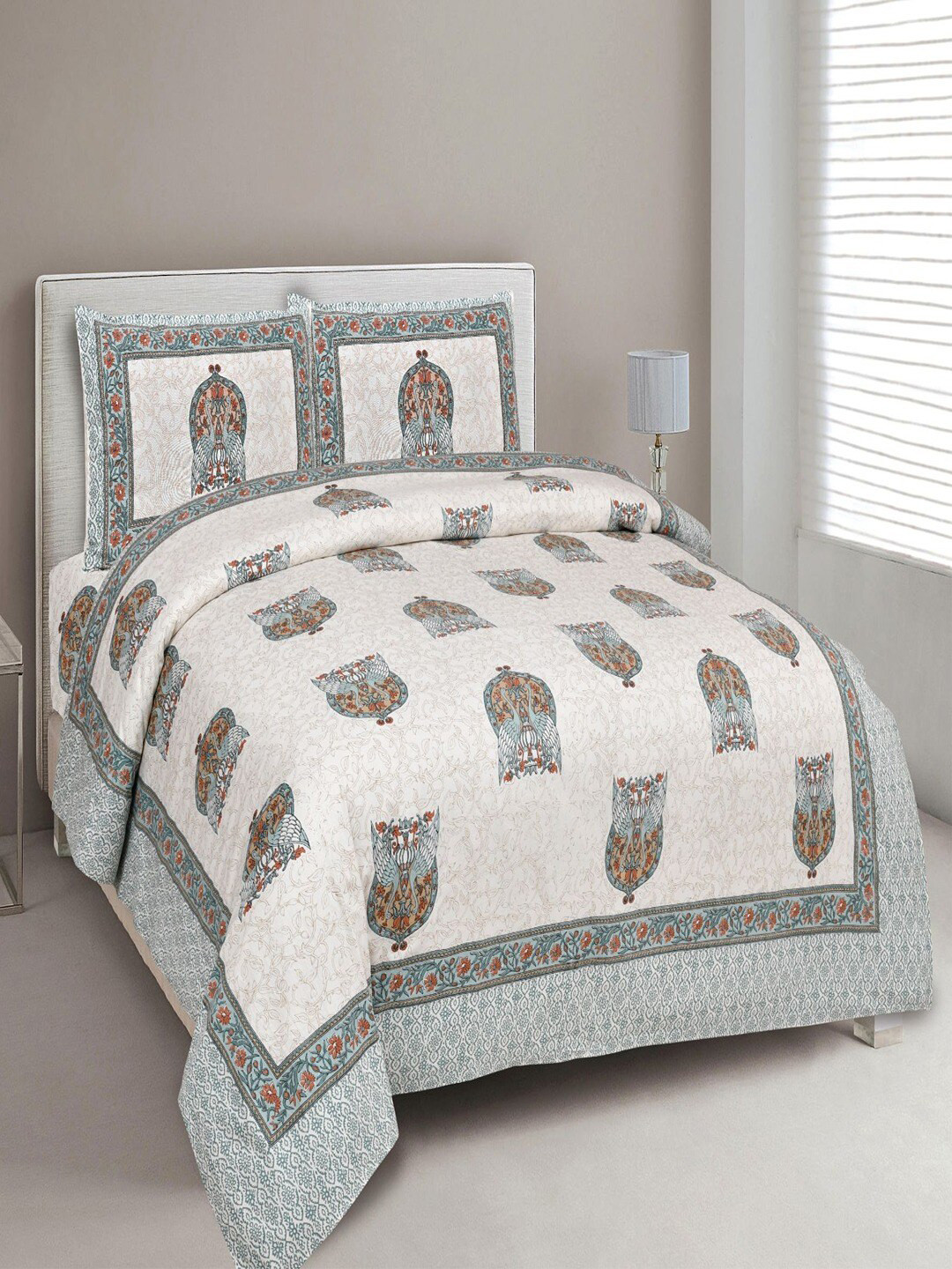 

UNIQCHOICE White Ethnic Motifs Pure Cotton 180 TC King Bedsheet With 2 Pillow Covers, Blue