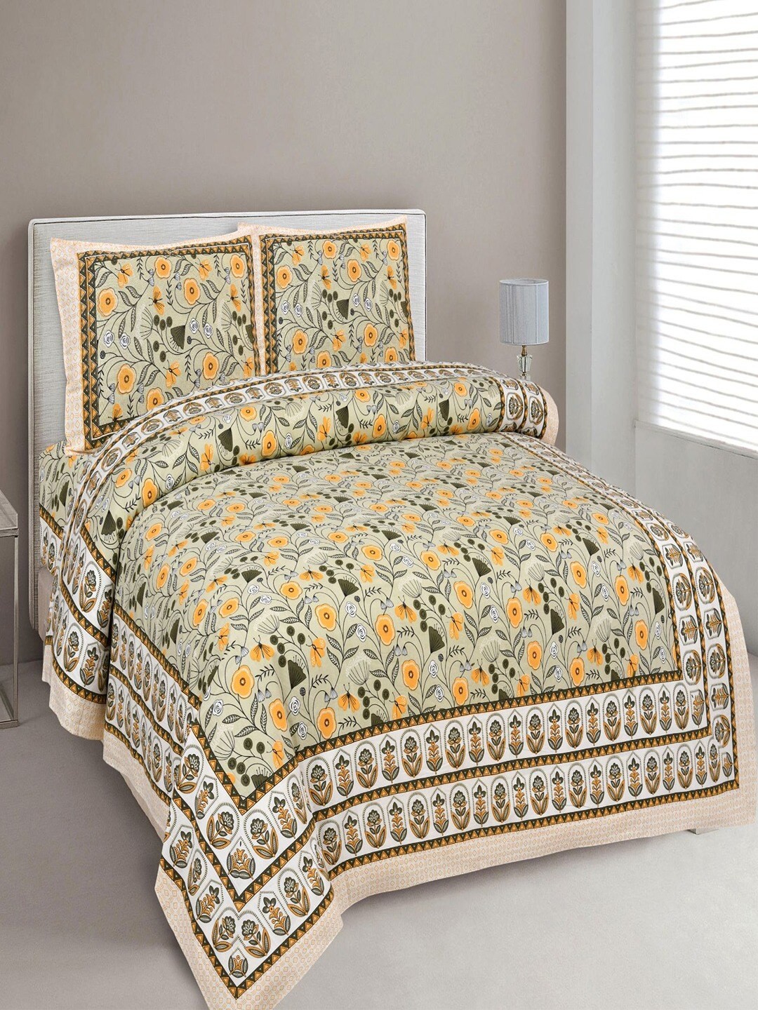 

UNIQCHOICE Green & Yellow Printed Cotton 180 TC King Bedsheet with 2 Pillow Covers