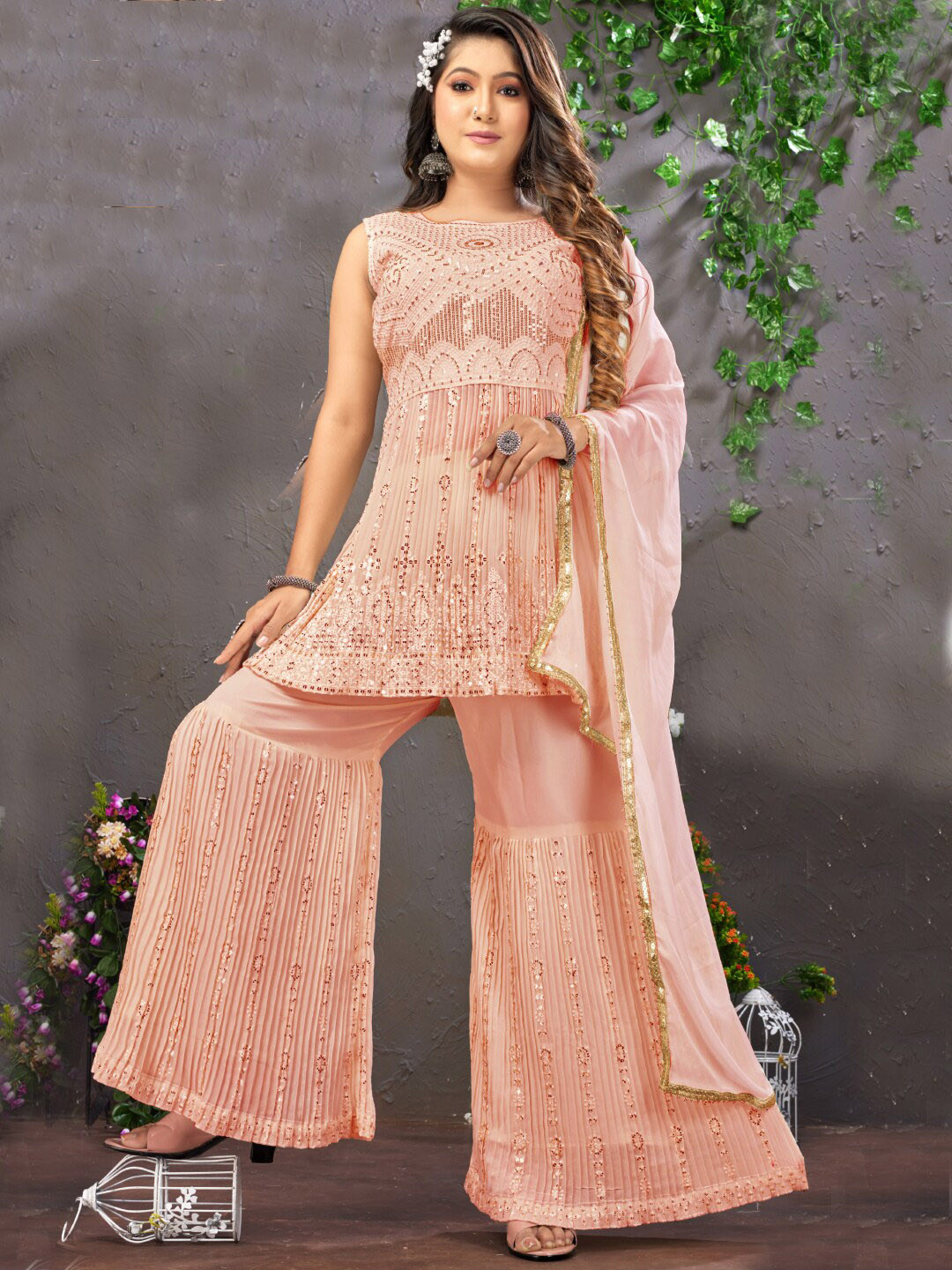 

Chhabra 555 Pink Embroidered Sequinned A-Line Kurti With Sharara & Dupatta