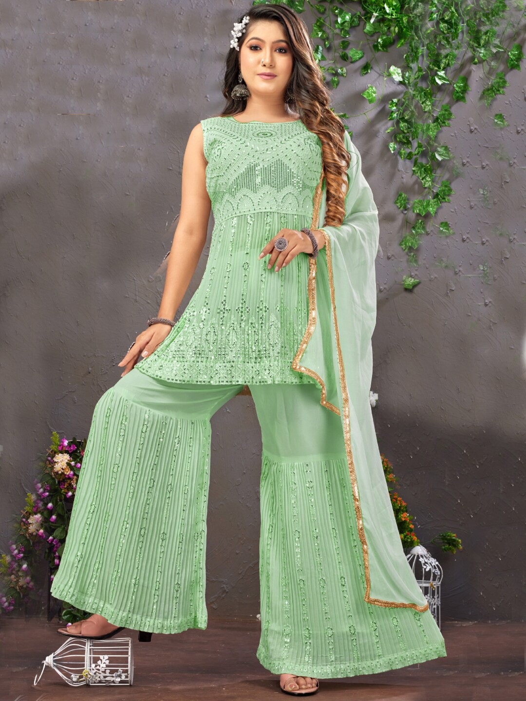 

Chhabra 555 Green Embroidered Sequinned A-Line Kurti With Sharara & Dupatta
