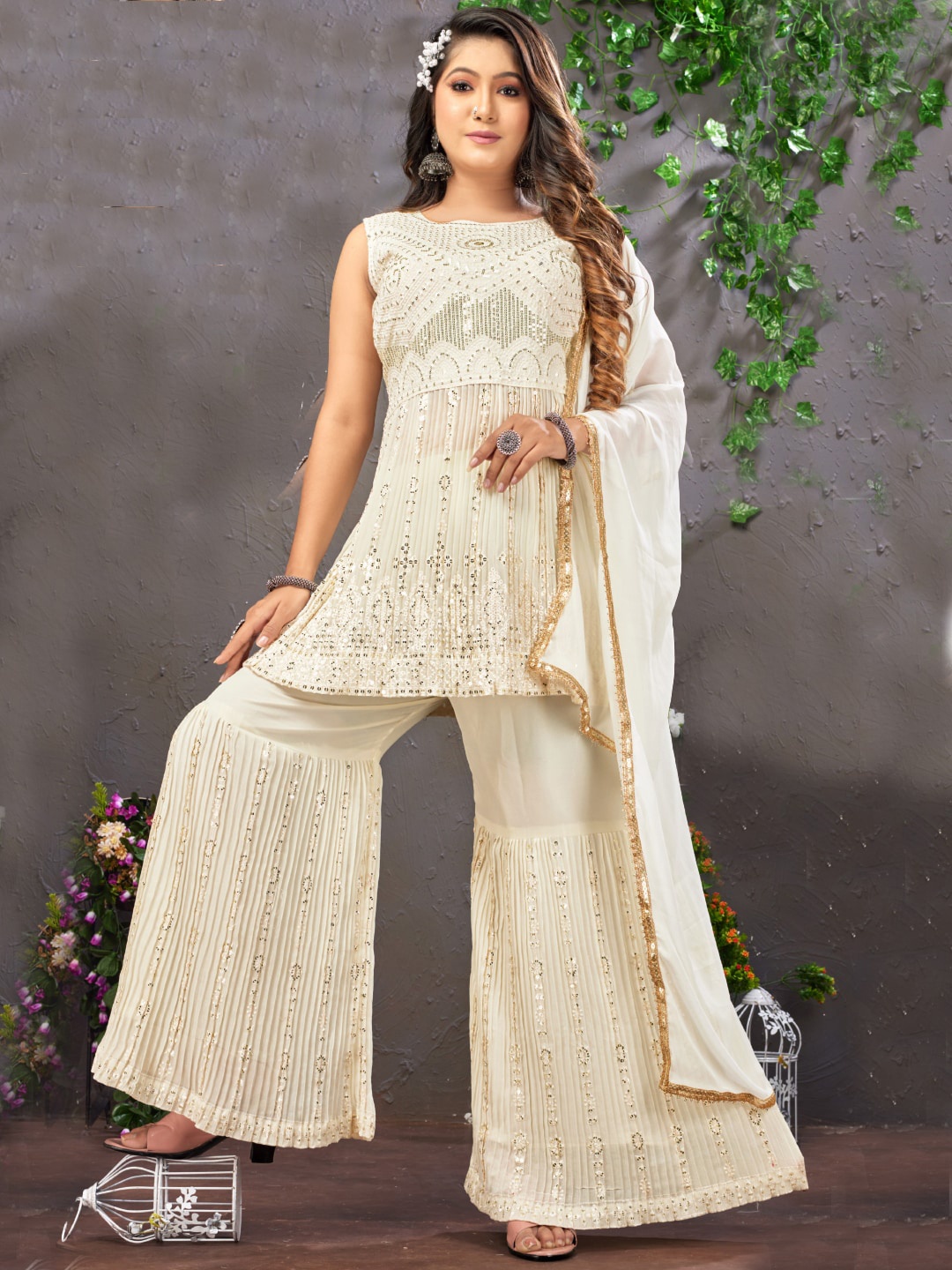 

Chhabra 555 White Embroidered Sequinned A-Line Kurti With Sharara & Dupatta