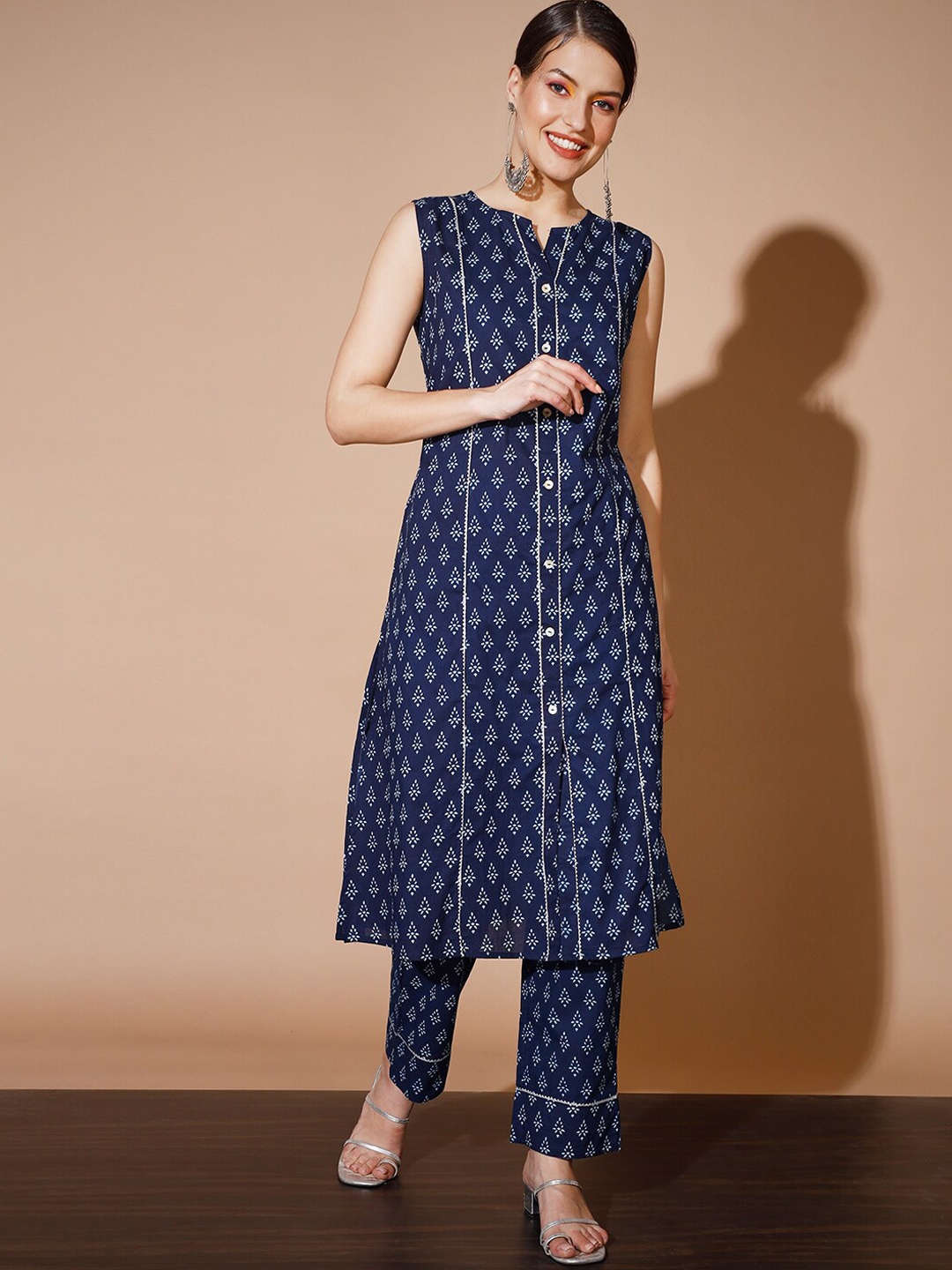 

KALINI Printed Regular Gotta Patti Pure Cotton Kurta with Trousers, Blue