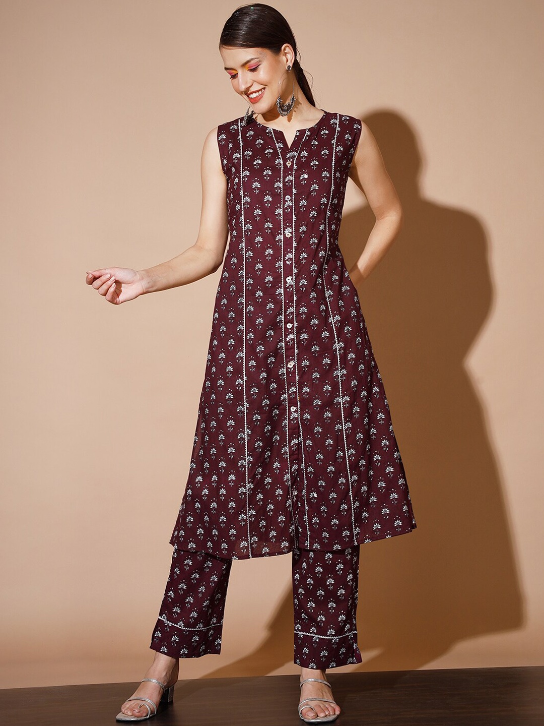 

KALINI Floral Printed Gotta Patti Pure Cotton Kurta with Trousers, Maroon