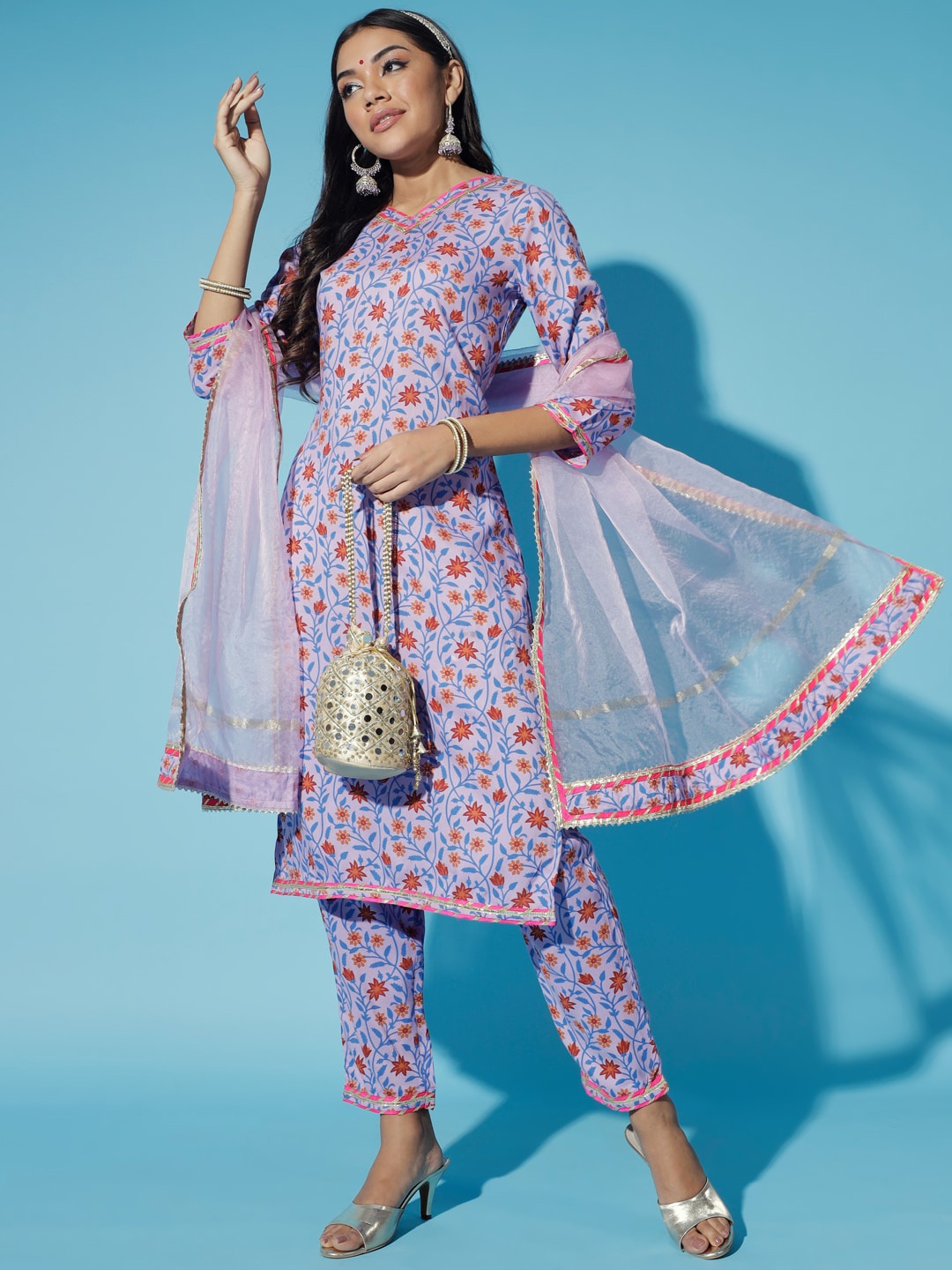 

KALINI Floral Printed Gotta Patti Kurta with Trousers & Dupatta, Lavender