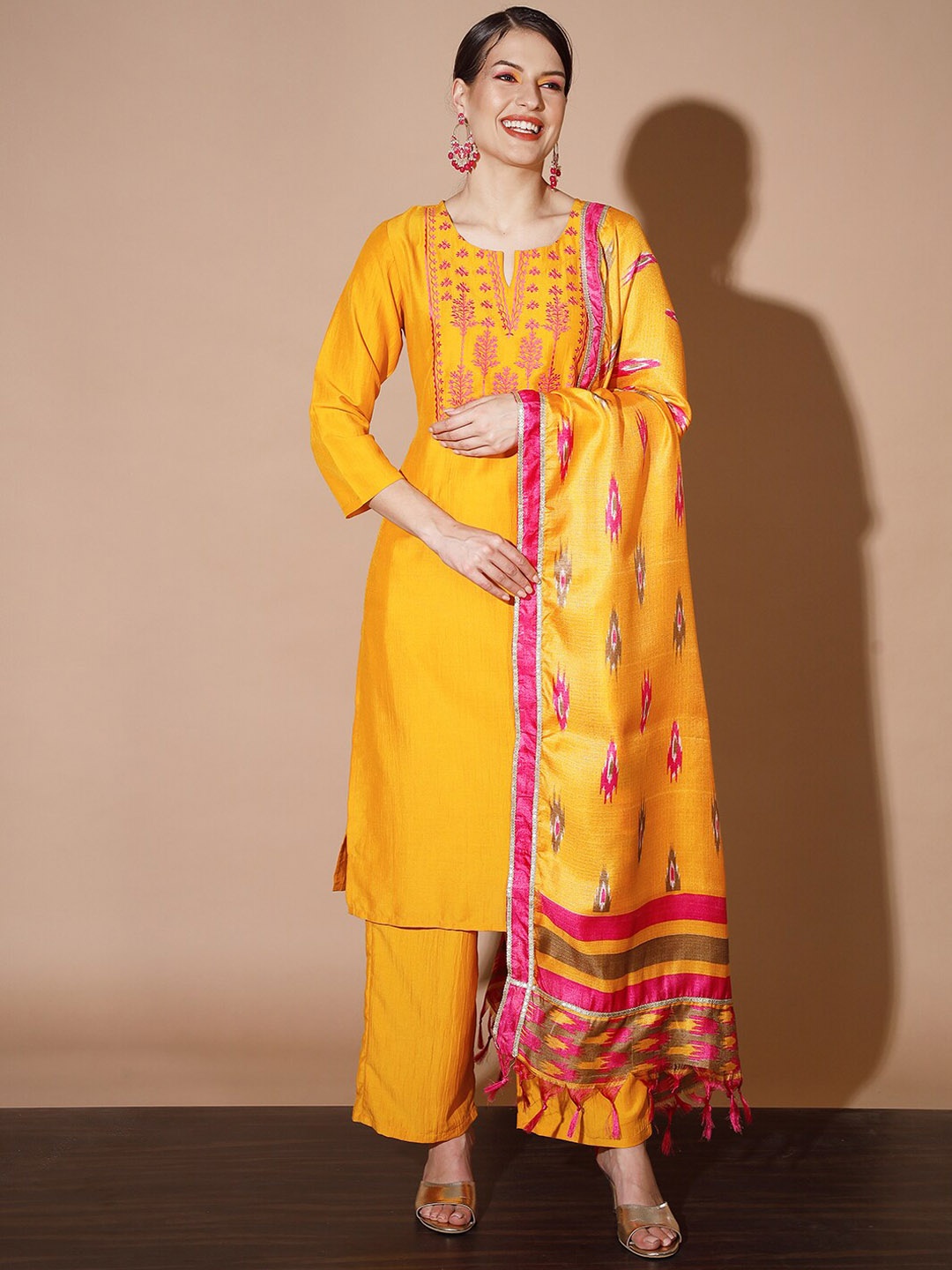 

KALINI Floral Embroidered Thread Work Kurta with Palazzos & Dupatta, Mustard