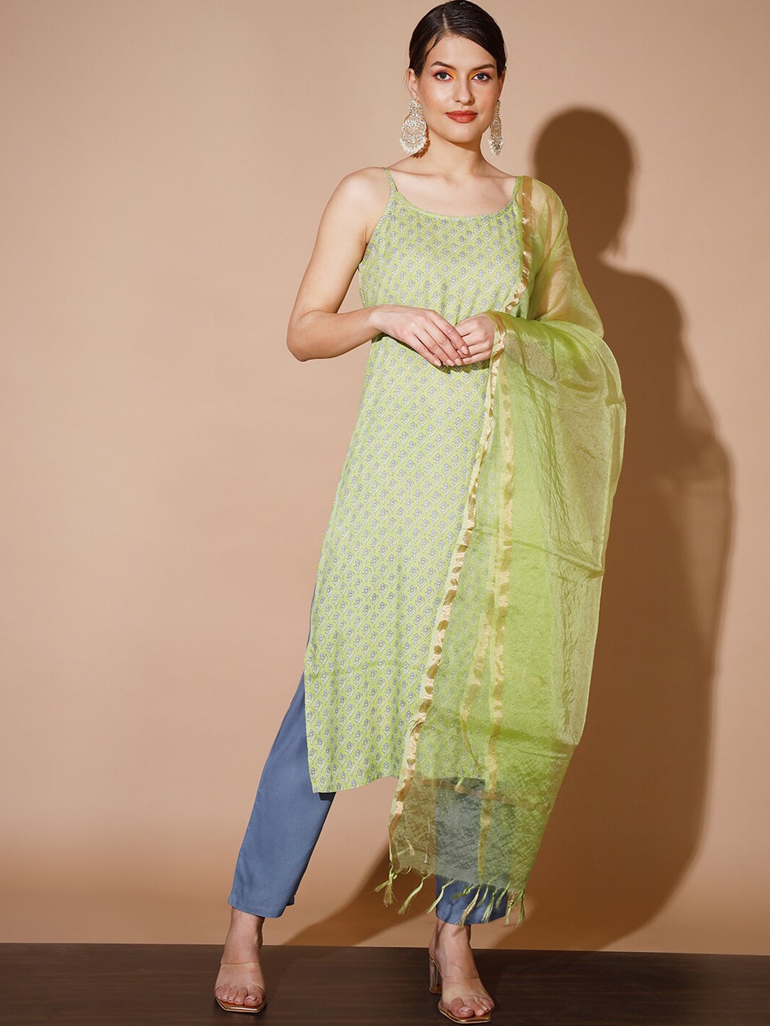 

KALINI Floral Printed Straight Kurta & Trousers with Dupatta, Green