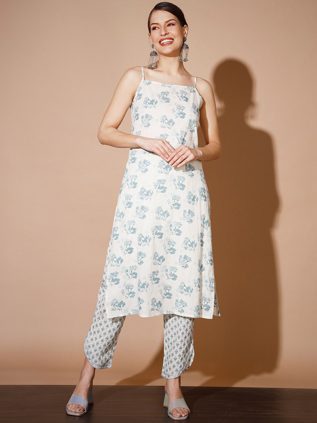 

KALINI Floral Printed Straight Pure Cotton Kurta With Trousers, Blue