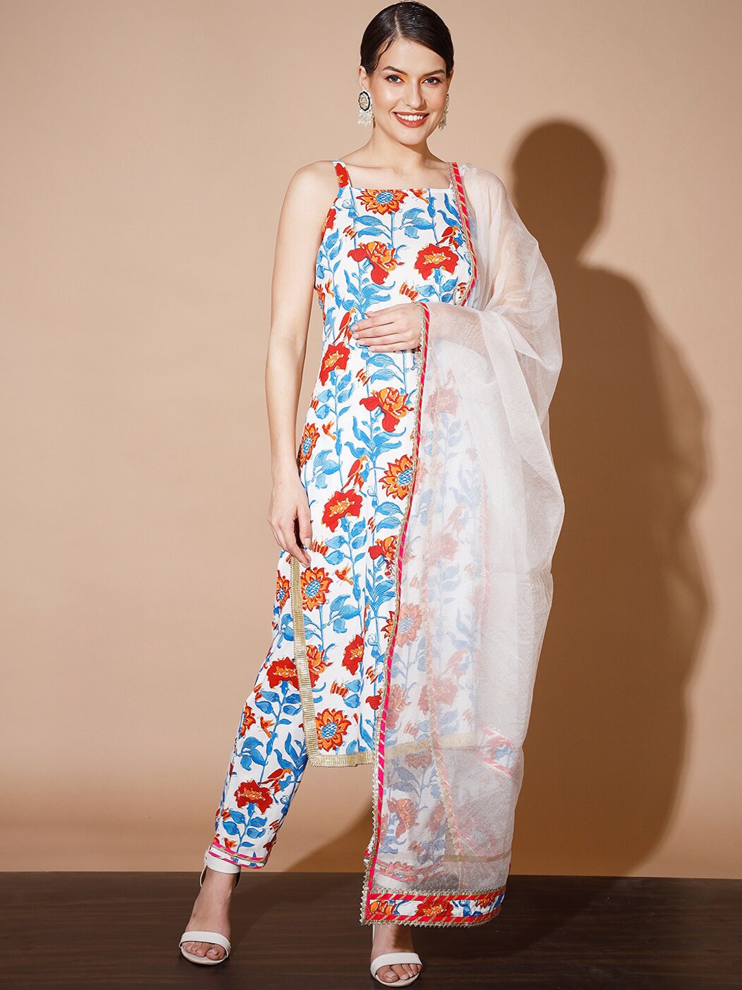 

KALINI Floral Printed Straight Kurta & Trousers With Dupatta, Blue