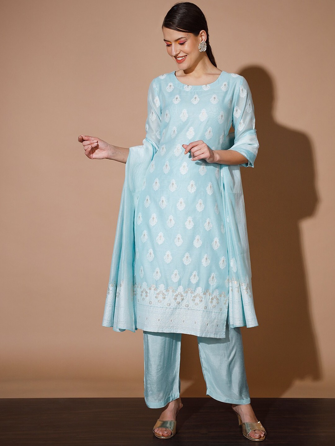 

KALINI Floral Printed Straight Chanderi Cotton Kurta & Palazzos With Dupatta, Blue