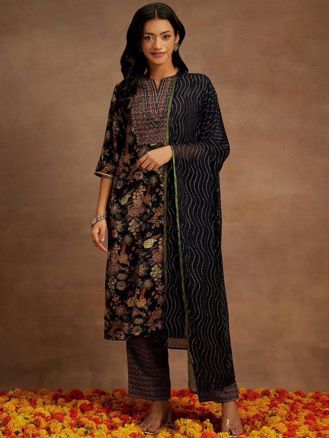 

Libas Blue Floral Printed Gotta Patti Regular Kurta with Trousers & Dupatta