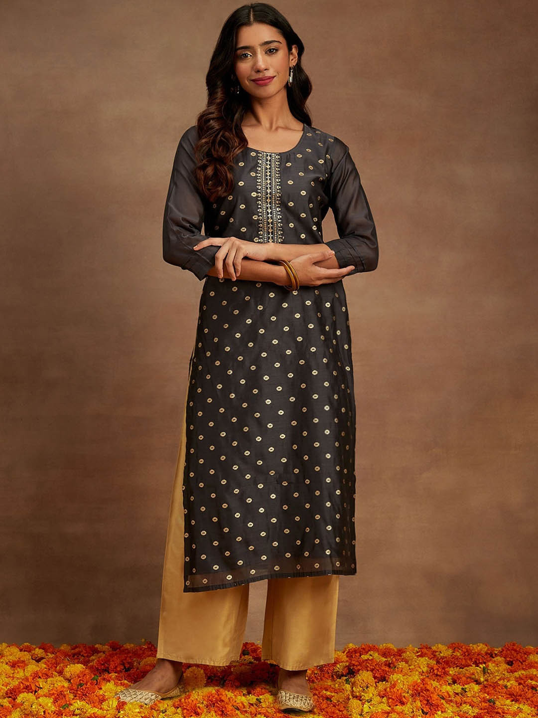 

Libas Ethnic Motifs Woven Design Sequined Chanderi Silk Straight Kurta, Grey