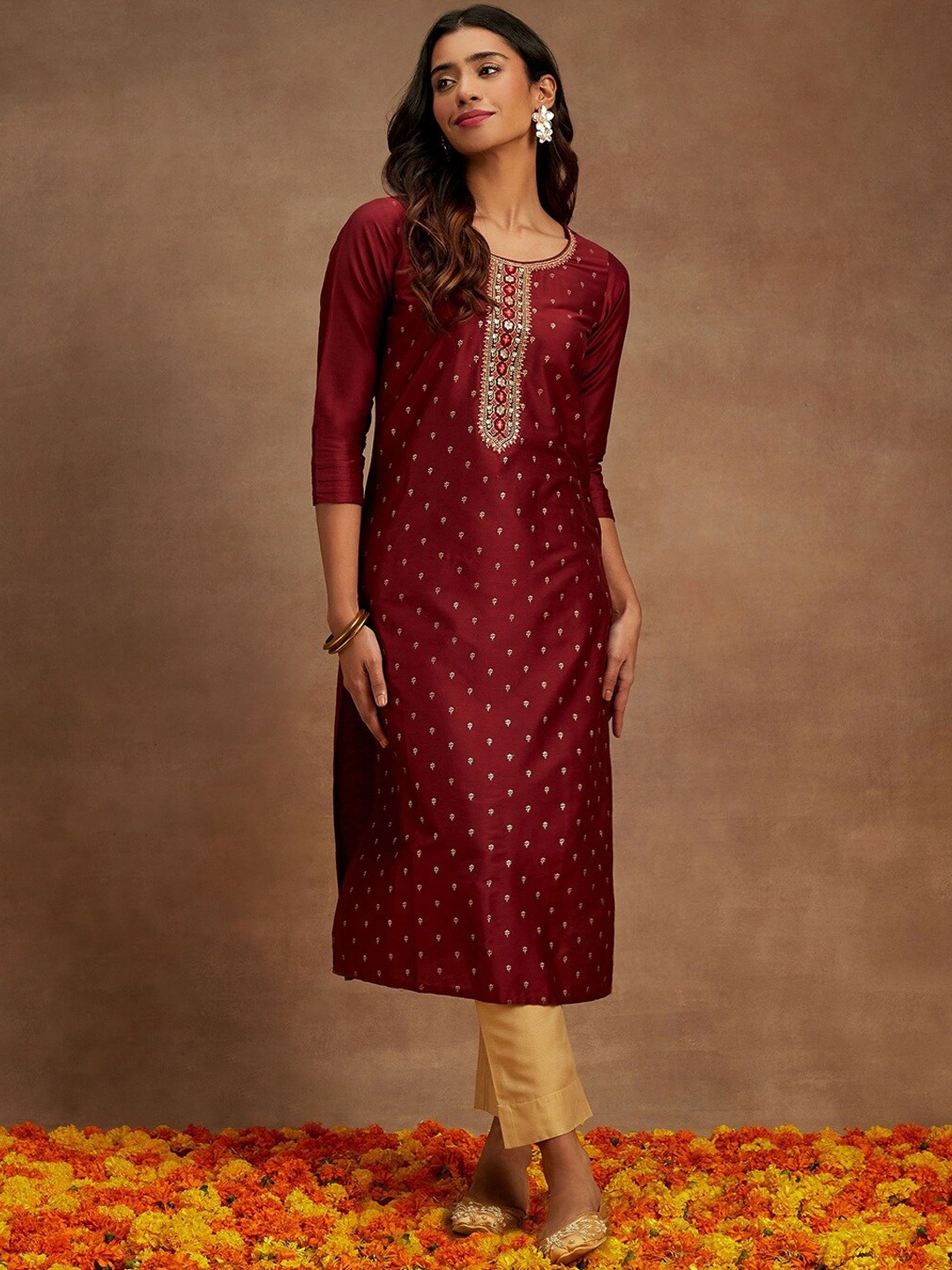 

Libas Floral Embroidered Chanderi Silk Kurta, Maroon