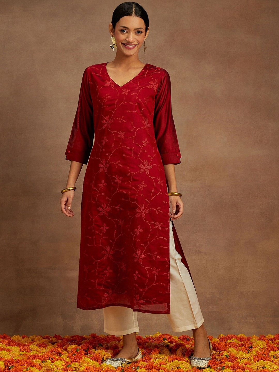 

Libas Women Red Floral Thread Work Chanderi Silk Kurta