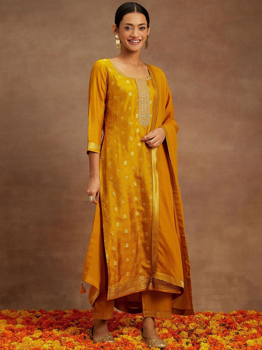 

Libas Ethnic Motifs Woven Design Jacquard Kurta with Trousers & Dupatta, Mustard