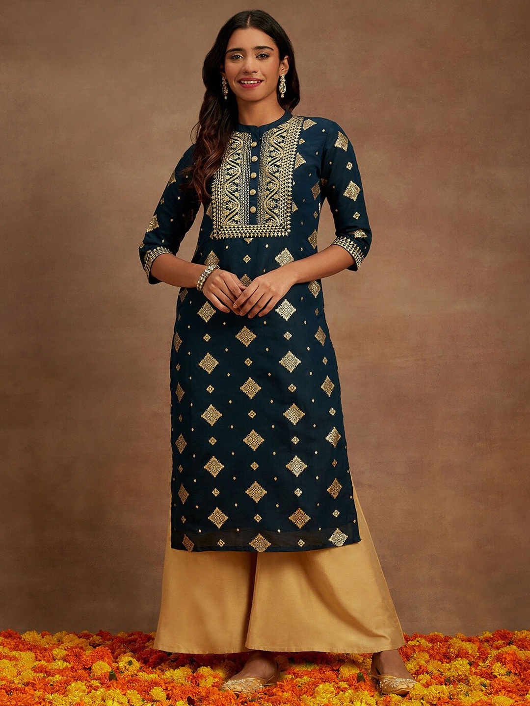 

Libas Ethnic Motifs Printed Chanderi Silk Straight Kurta, Blue