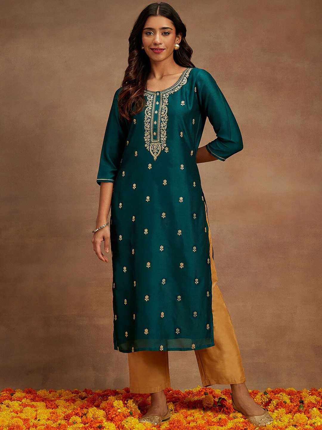 

Libas Floral Embroidered Straight Kurta, Teal